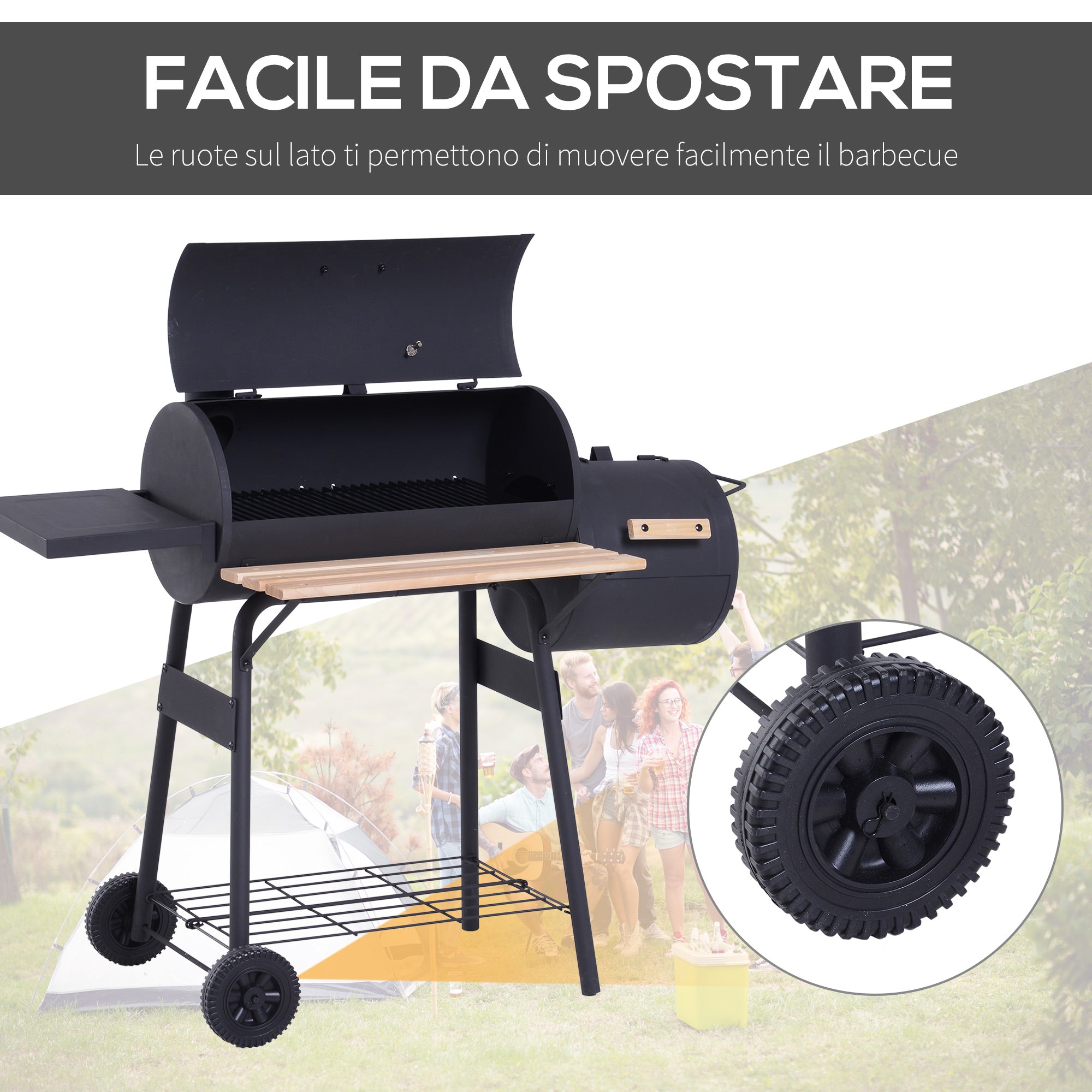 EasyComfort Houtskoolbarbecue met Deksel en Rookkamer 124x53x104 cm, zwart
