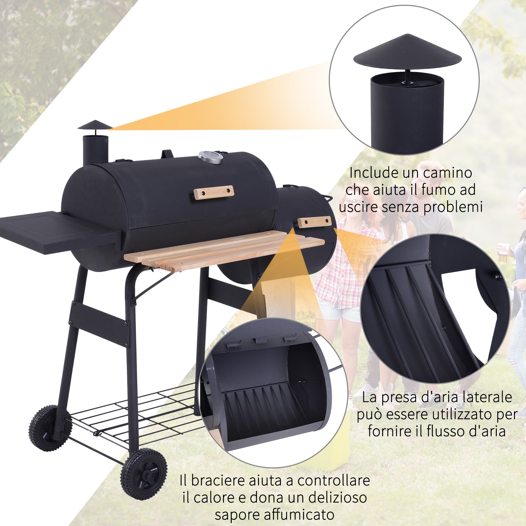 EasyComfort Houtskoolbarbecue met Deksel en Rookkamer 124x53x104 cm, zwart