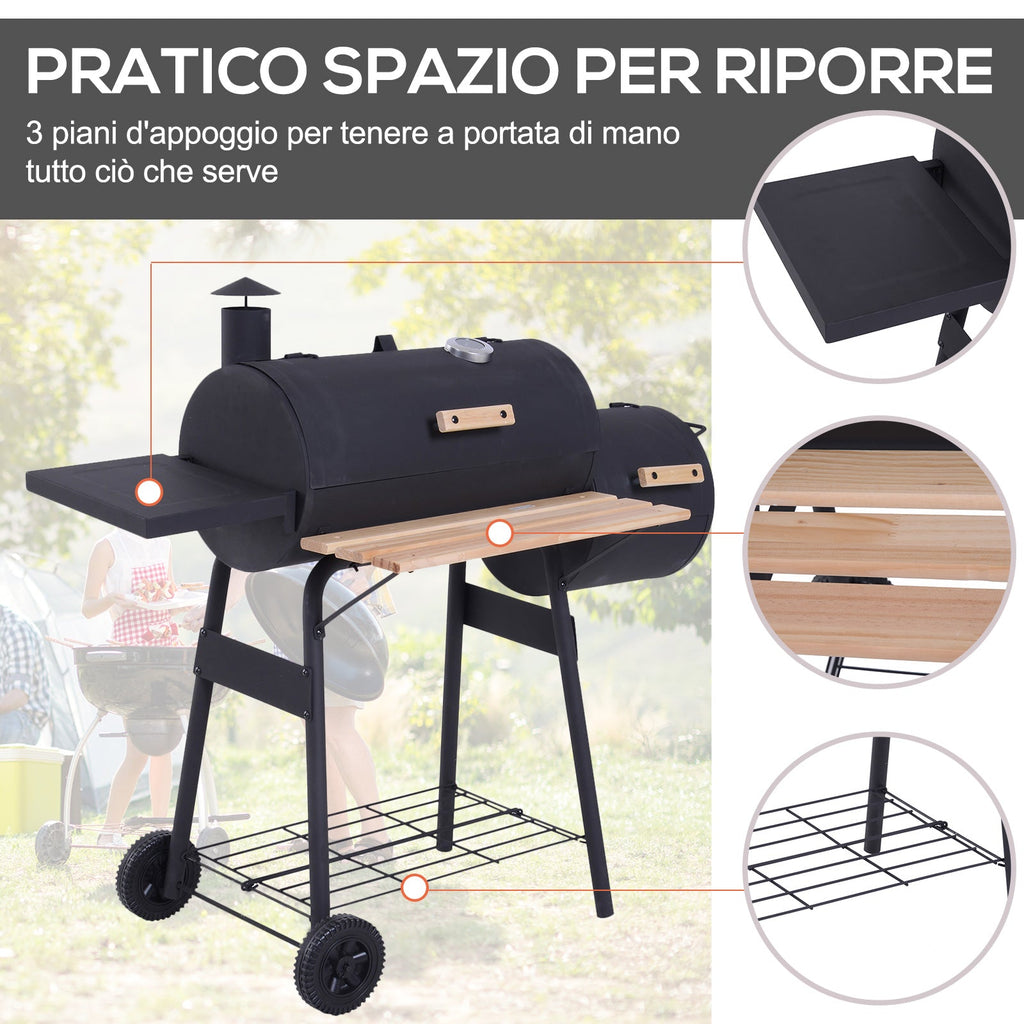 EasyComfort Houtskoolbarbecue met Deksel en Rookkamer 124x53x104 cm, zwart