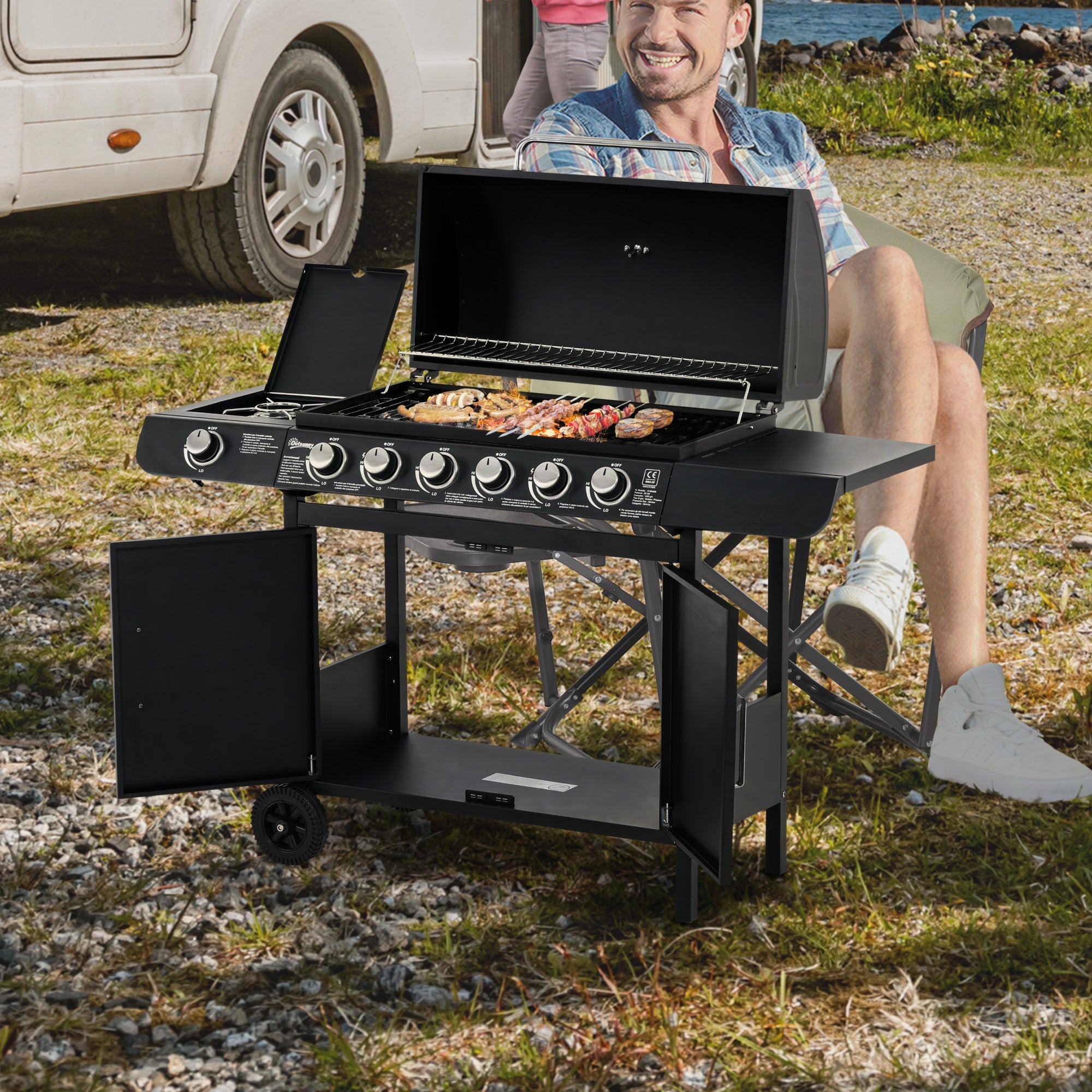 Easycomfort Barbecue a Gas with Coperchio, 7 Bruciatori da 20kW, Fornello Laterale e 2 Ruote, 135x50x100cm black