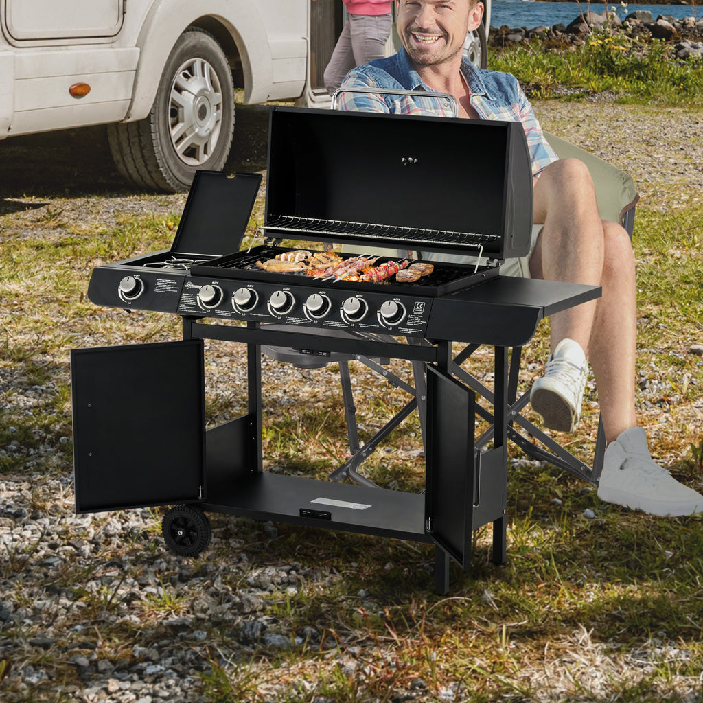 Easycomfort Barbecue a Gas with Coperchio, 7 Bruciatori da 20kW, Fornello Laterale e 2 Ruote, 135x50x100cm black