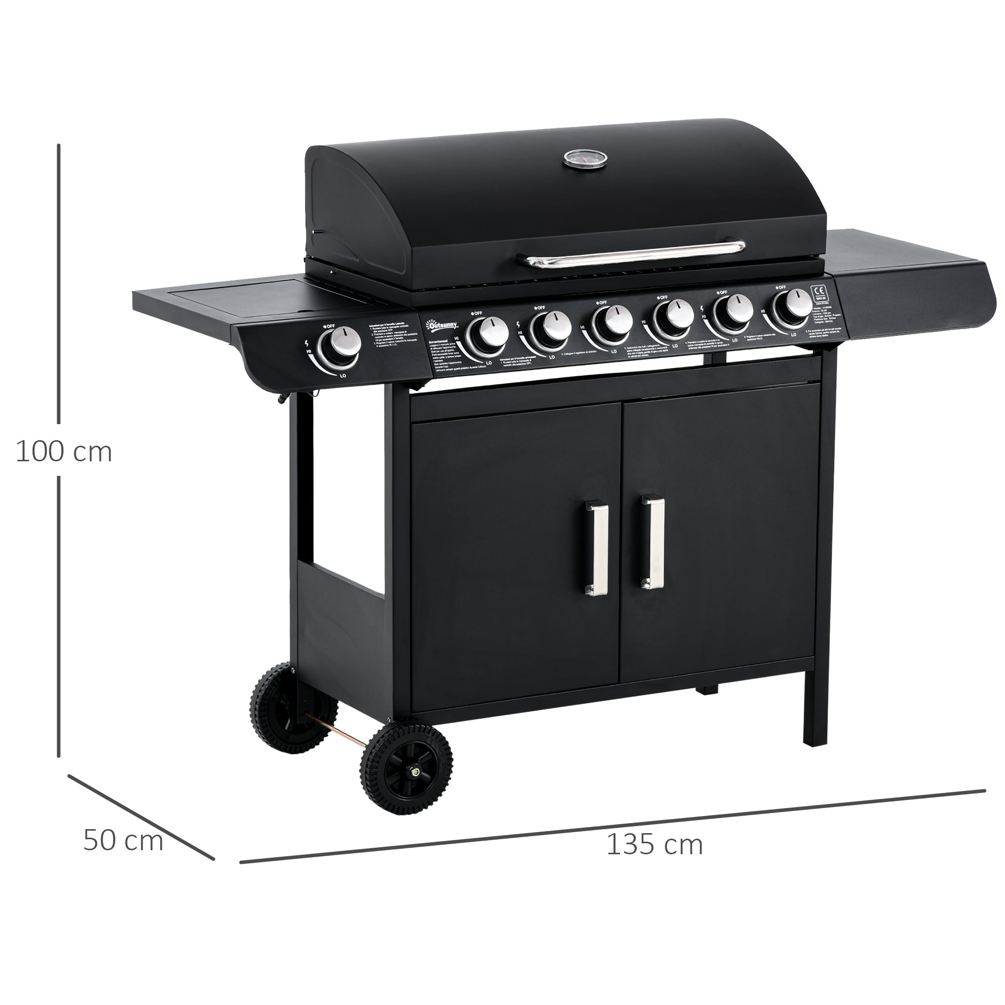 Easycomfort Barbecue a Gas with Coperchio, 7 Bruciatori da 20kW, Fornello Laterale e 2 Ruote, 135x50x100cm black