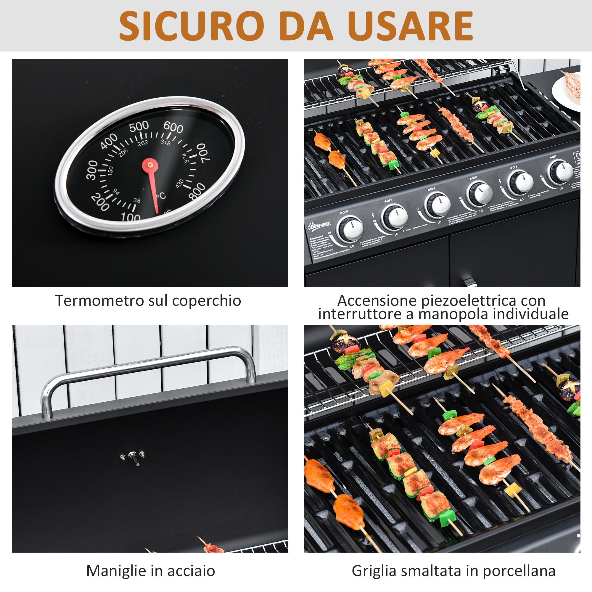 Easycomfort Barbecue a Gas with Coperchio, 7 Bruciatori da 20kW, Fornello Laterale e 2 Ruote, 135x50x100cm black
