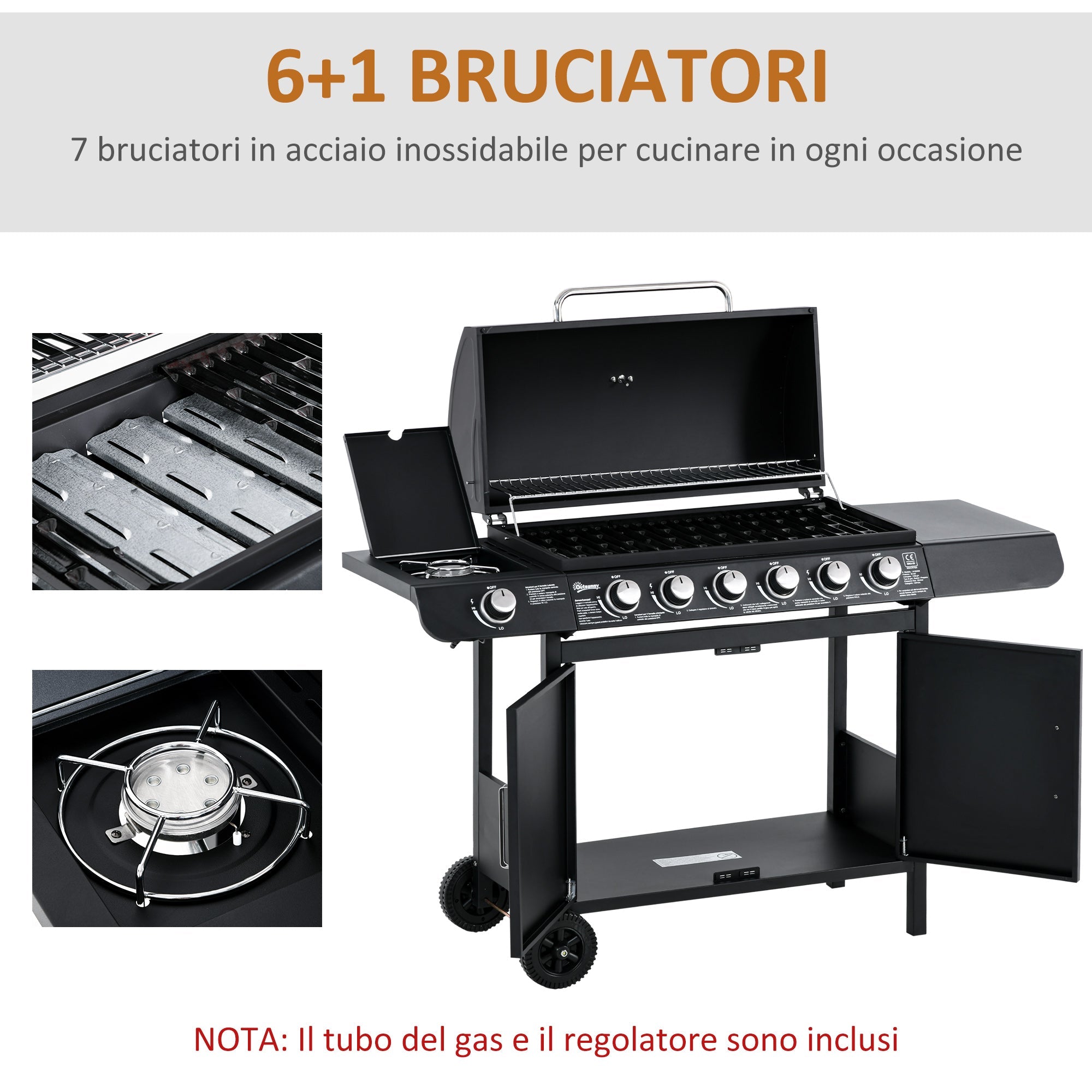 Easycomfort Barbecue a Gas with Coperchio, 7 Bruciatori da 20kW, Fornello Laterale e 2 Ruote, 135x50x100cm black