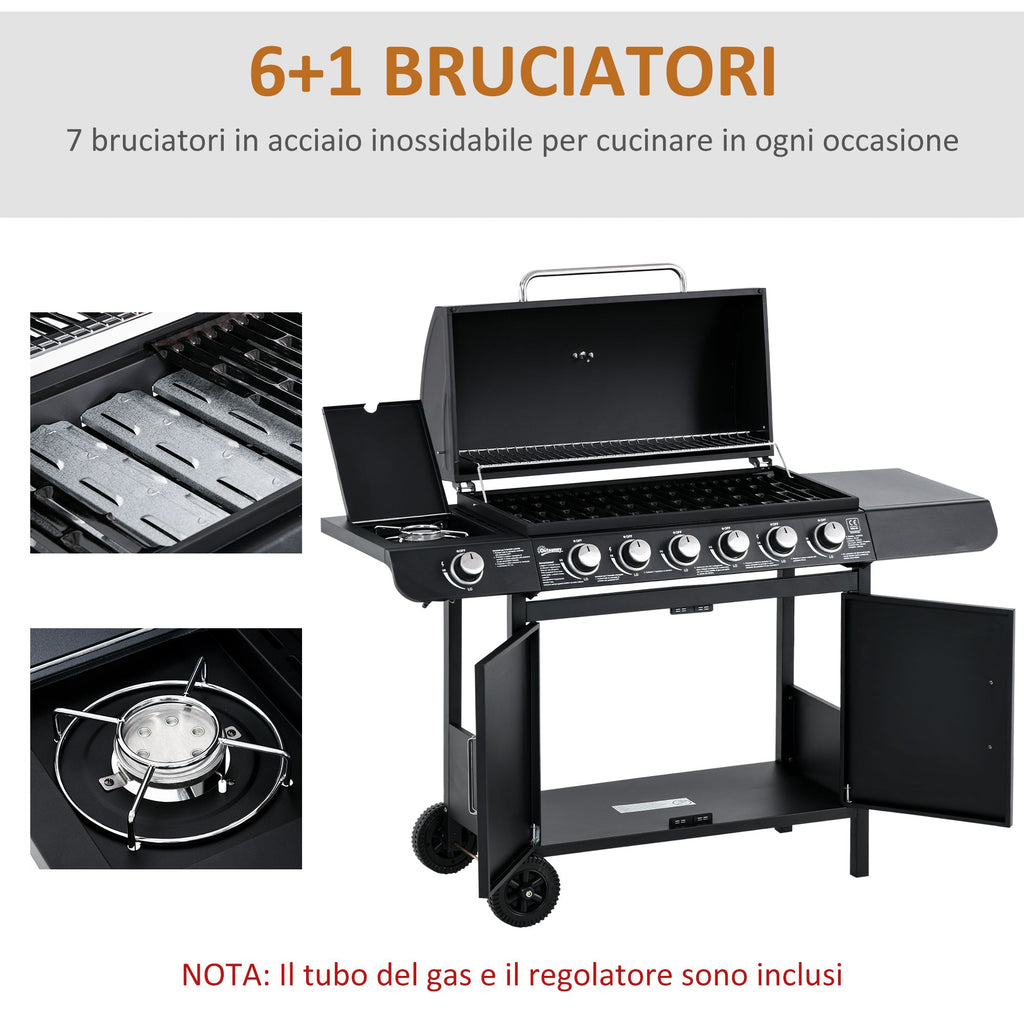 Easycomfort Barbecue a Gas with Coperchio, 7 Bruciatori da 20kW, Fornello Laterale e 2 Ruote, 135x50x100cm black