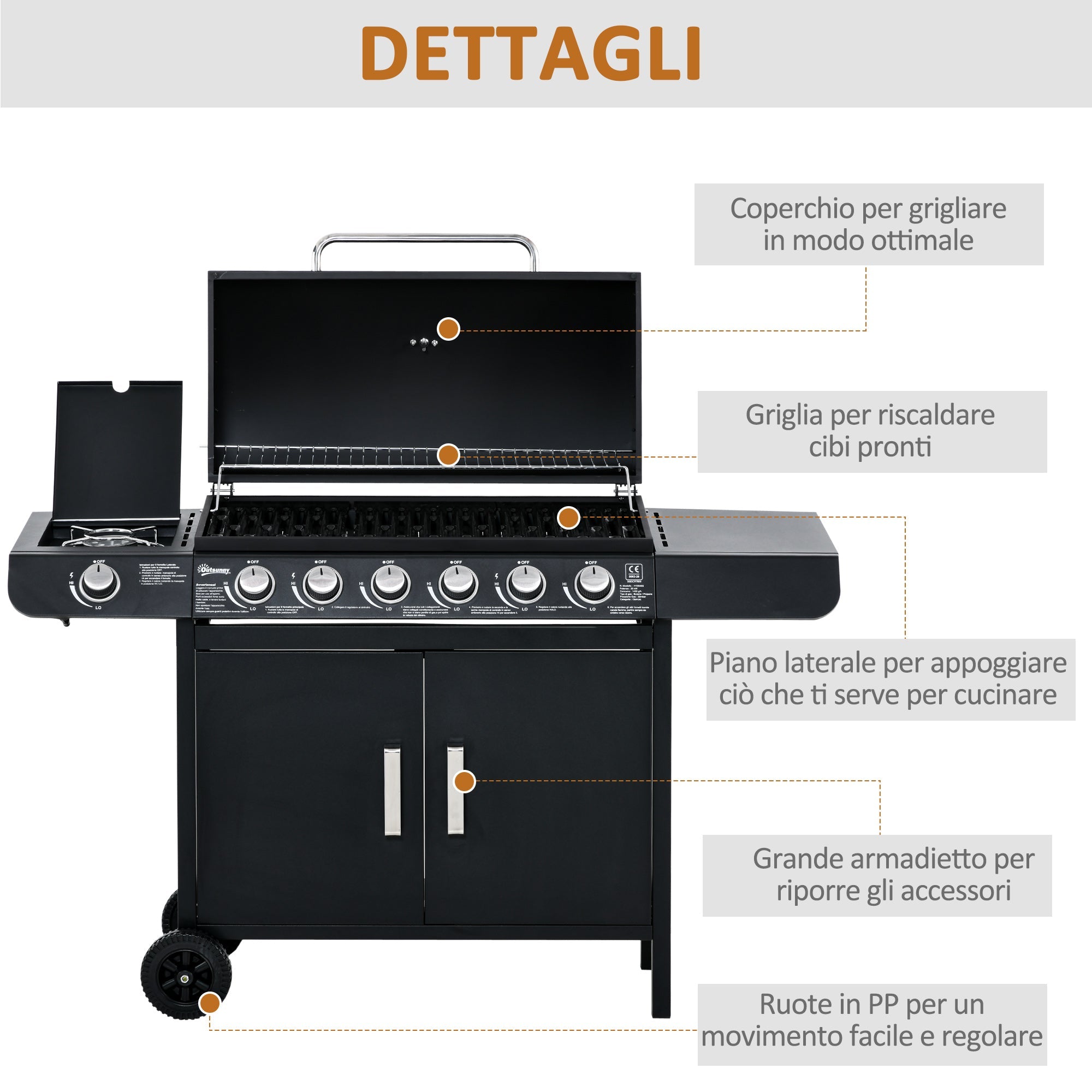 Easycomfort Barbecue a Gas with Coperchio, 7 Bruciatori da 20kW, Fornello Laterale e 2 Ruote, 135x50x100cm black
