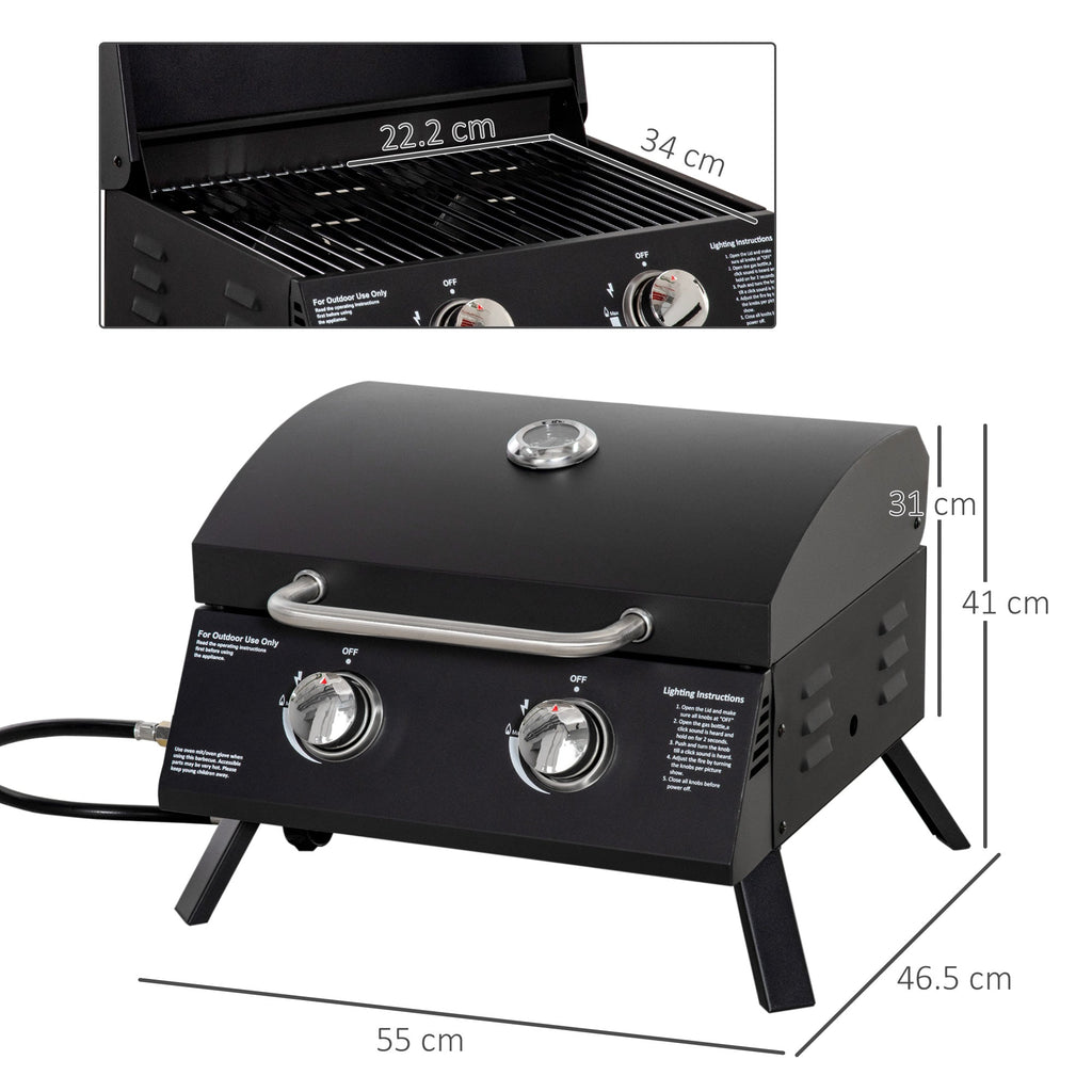 EASYCOMFORT Folding Gas Barbecue with Lid, Thermometer and 2 Steel Burners, 55x46.5x41 cm, Black