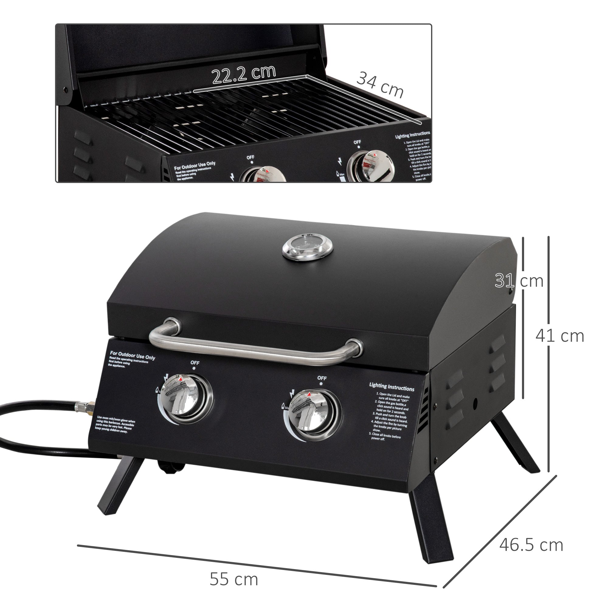 EASYCOMFORT Folding Gas Barbecue with Lid, Thermometer and 2 Steel Burners, 55x46.5x41 cm, Black