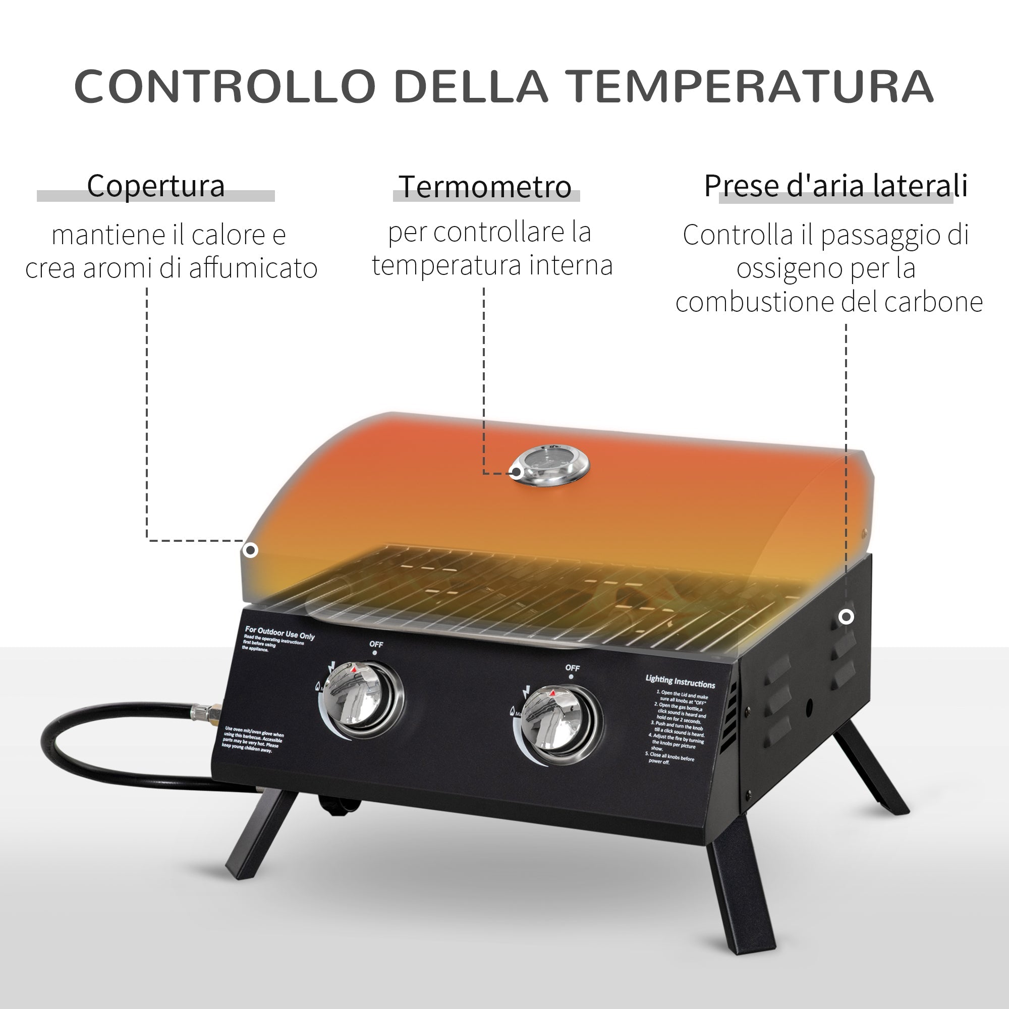 EASYCOMFORT Folding Gas Barbecue with Lid, Thermometer and 2 Steel Burners, 55x46.5x41 cm, Black