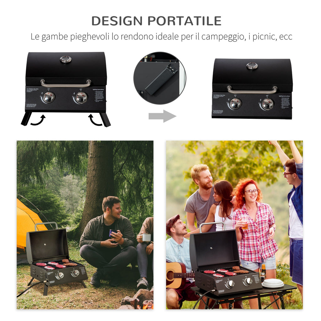 EASYCOMFORT Folding Gas Barbecue with Lid, Thermometer and 2 Steel Burners, 55x46.5x41 cm, Black