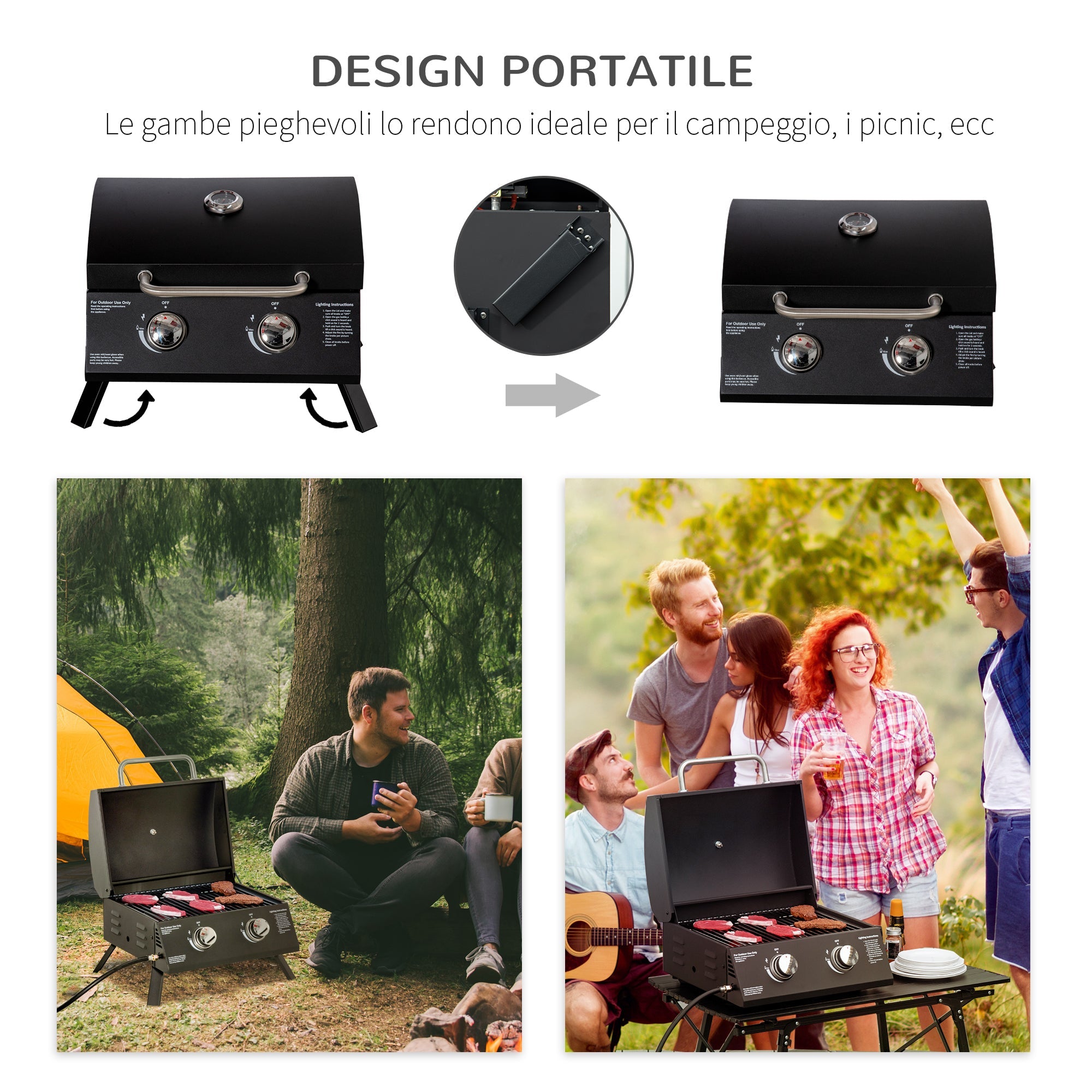 EASYCOMFORT Folding Gas Barbecue with Lid, Thermometer and 2 Steel Burners, 55x46.5x41 cm, Black