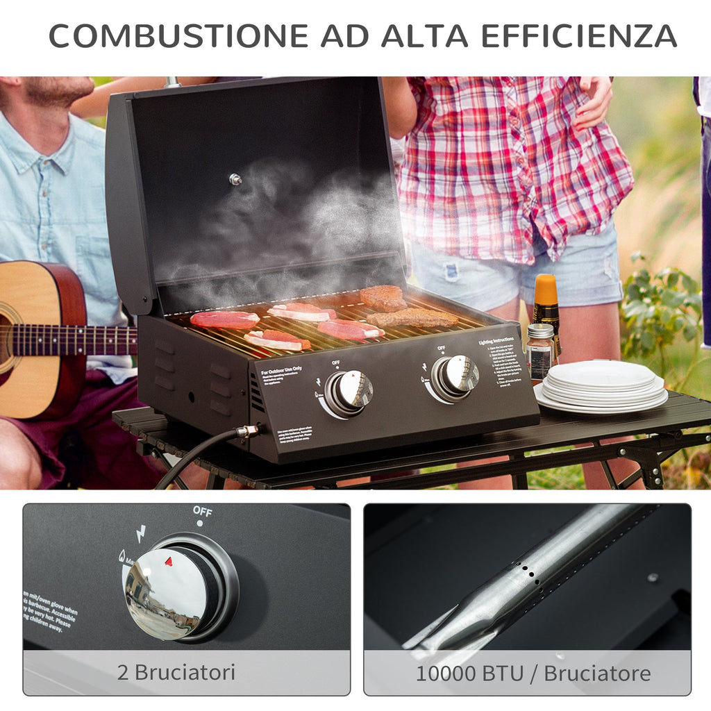 EASYCOMFORT Folding Gas Barbecue with Lid, Thermometer and 2 Steel Burners, 55x46.5x41 cm, Black