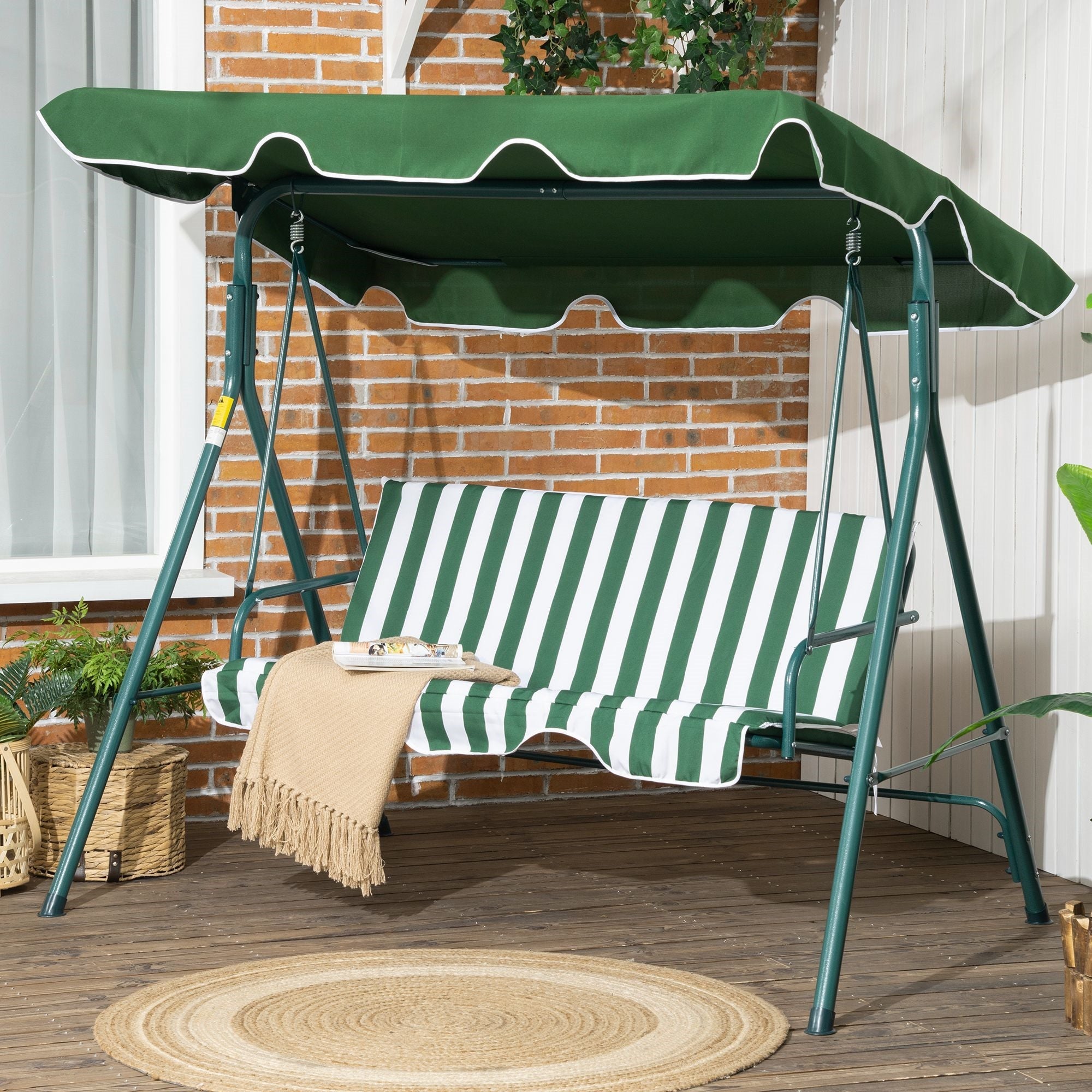 Easycomfort Dondolo da Giardino 3 Posti in Acciaio e Teslin with Tetto Parasole, 172x110x153 cm, white e Verde