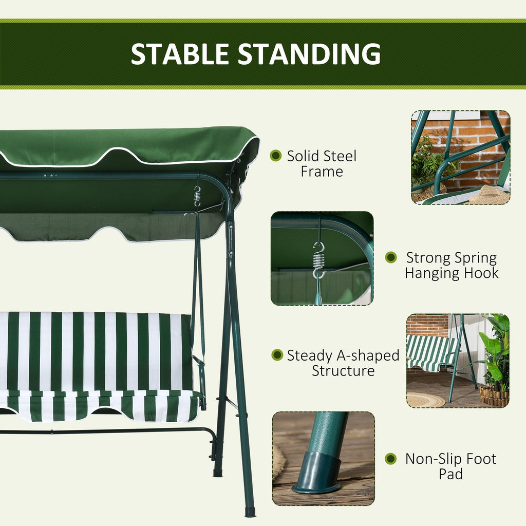 Easycomfort Dondolo da Giardino 3 Posti in Acciaio e Teslin with Tetto Parasole, 172x110x153 cm, white e Verde