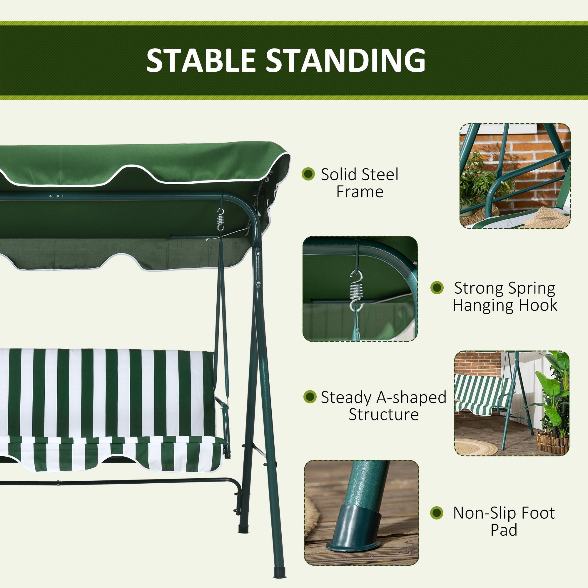 Easycomfort Dondolo da Giardino 3 Posti in Acciaio e Teslin with Tetto Parasole, 172x110x153 cm, white e Verde