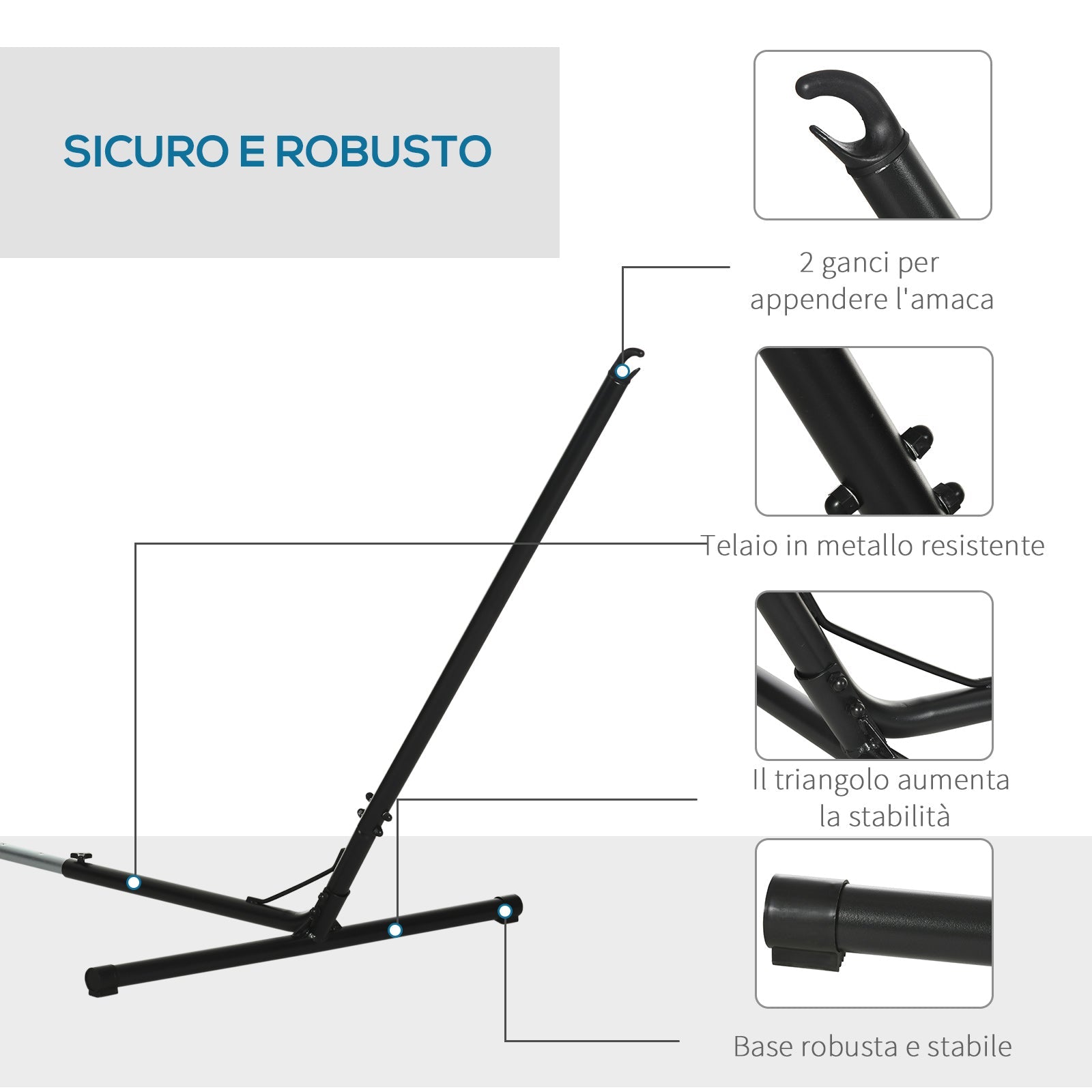 EASYCOMFORT Support Structure for Adjustable Hammock Max. Capacity 120Kg 313-388x109x116cm Black