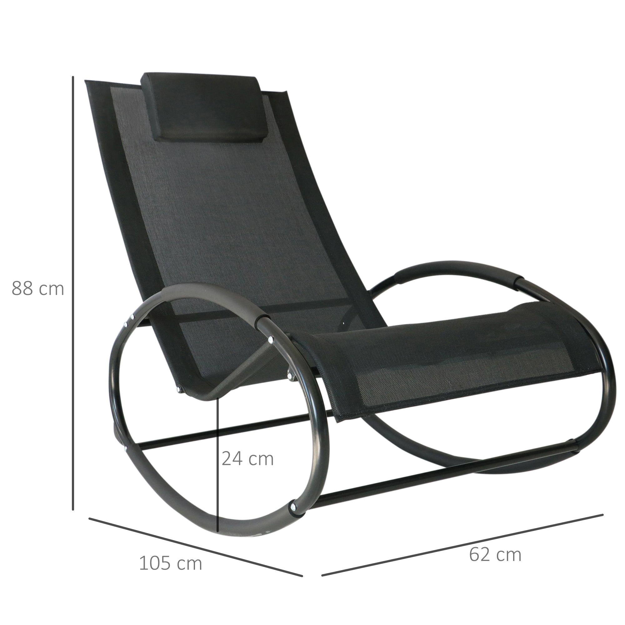 EASYCOMFORT Zero Gravity Garden Deckchair, Rocking Chair with Cushion and Breathable Fabric, 105x62x88cm, Black