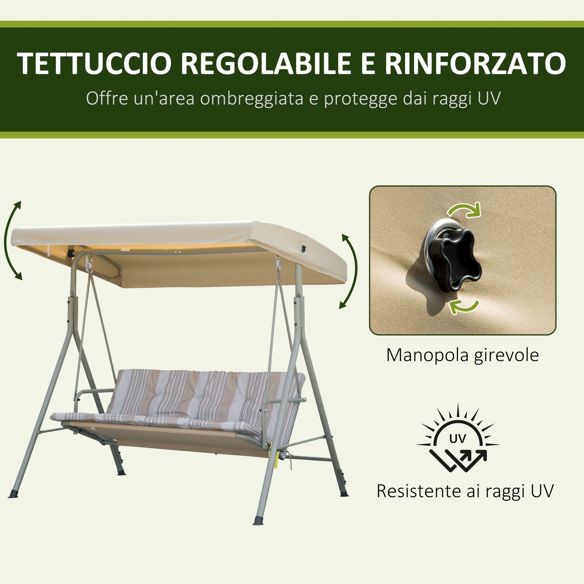 EasyComfort Dondolo 3-zits tuinschommel staal, verstelbaar dak 172x110x156 cm
