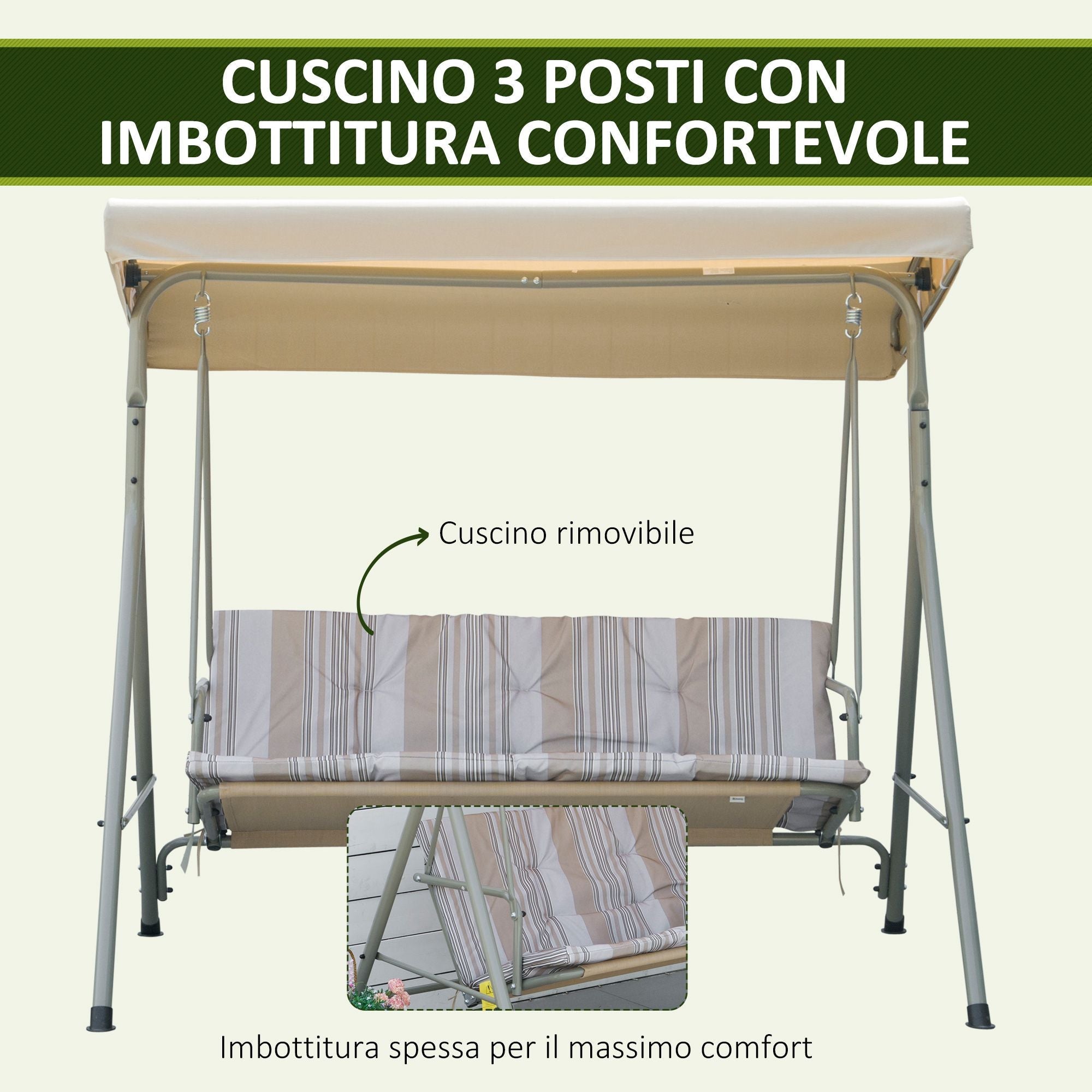 EasyComfort Dondolo 3-zits tuinschommel staal, verstelbaar dak 172x110x156 cm