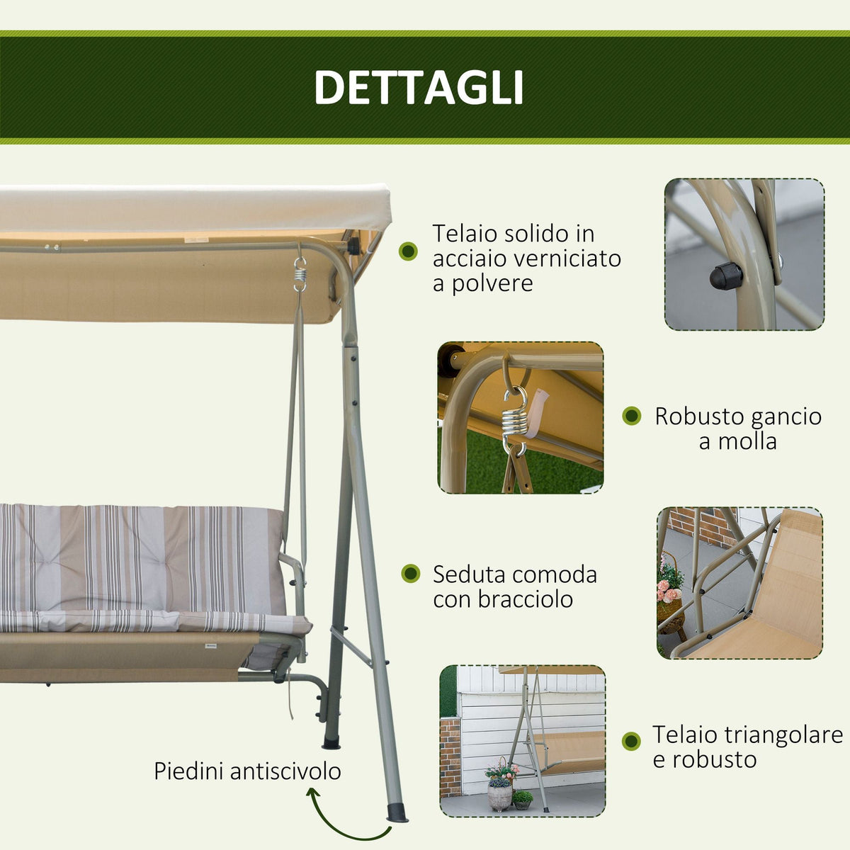 EasyComfort Dondolo 3-zits tuinschommel staal, verstelbaar dak 172x110x156 cm