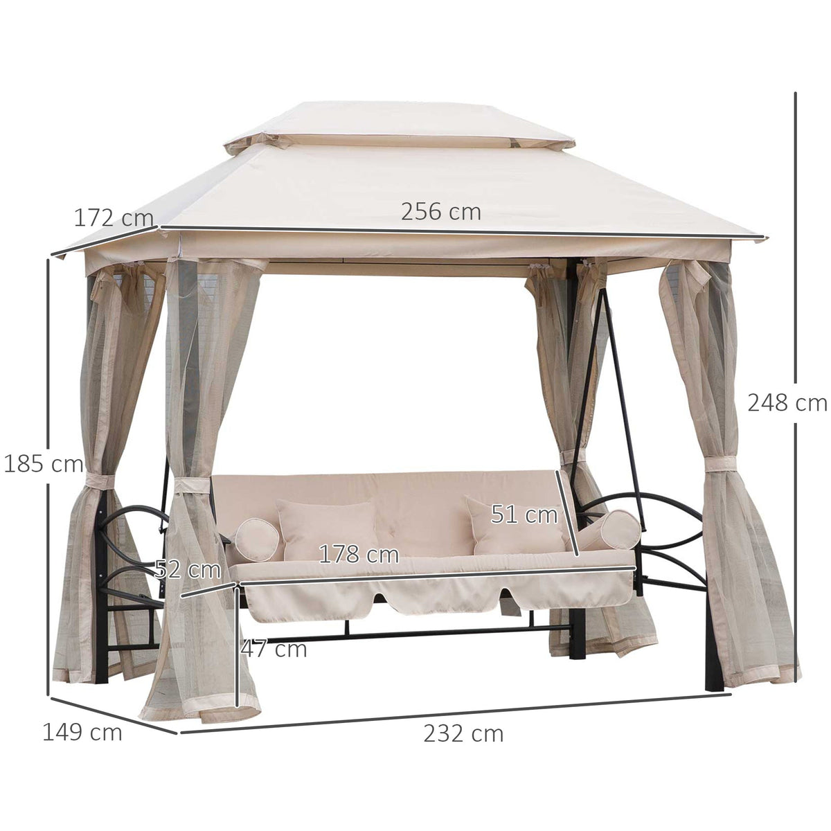 EasyComfort tuinpaviljoen met 3-zits schommelbank/bed 256x172x248 cm – crème