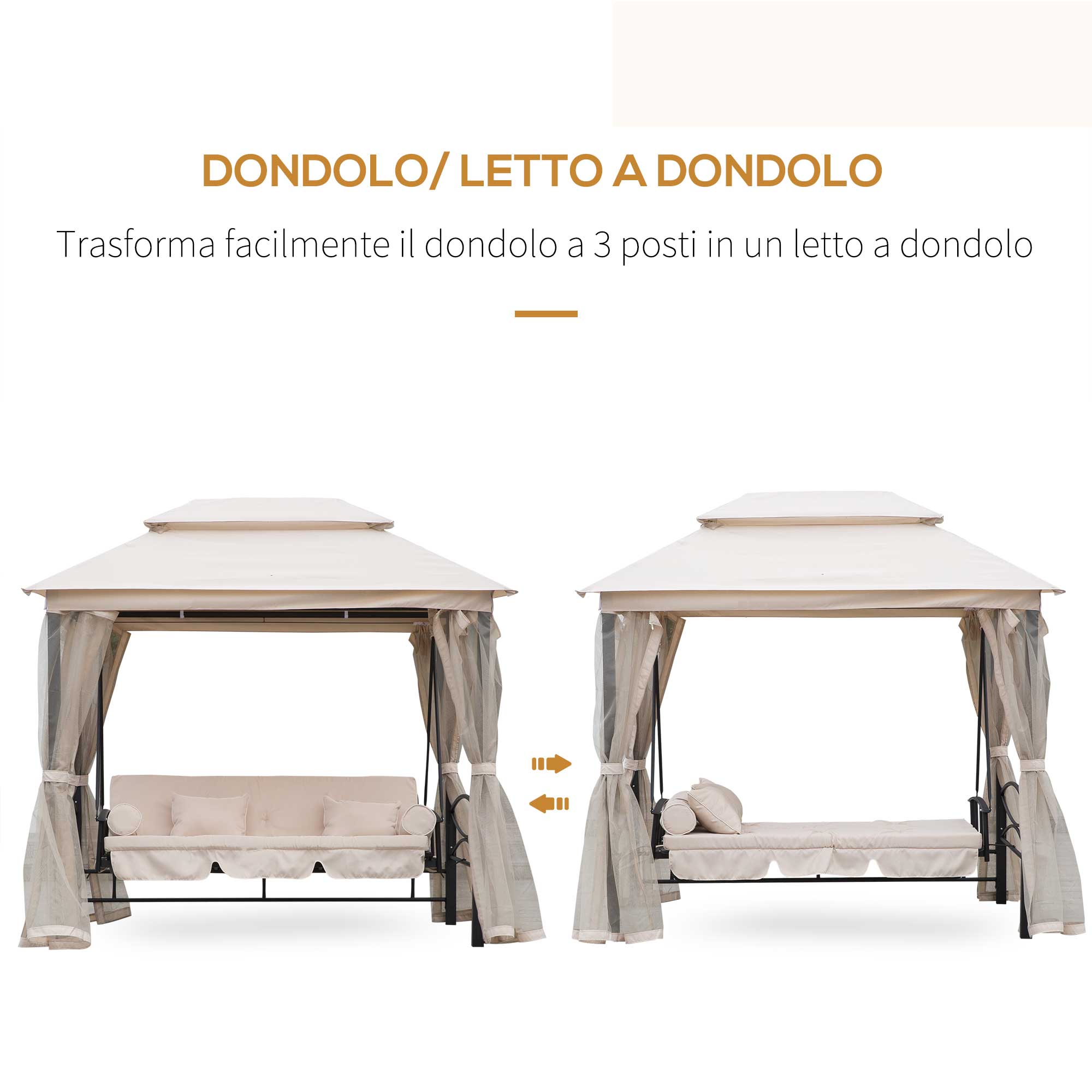 Easycomfort Dondolo 3 Posti e Lettino Singolo Copertura a Gazebo with Zanzariera e Cuscini 256x172x248cm Crema