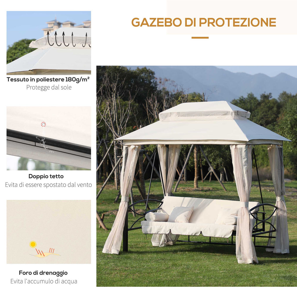 EasyComfort tuinpaviljoen met 3-zits schommelbank/bed 256x172x248 cm – crème