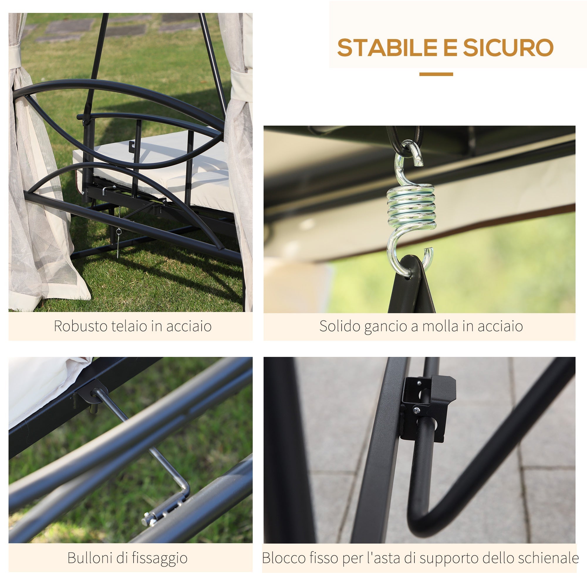 Easycomfort Dondolo 3 Posti e Lettino Singolo Copertura a Gazebo with Zanzariera e Cuscini 256x172x248cm Crema