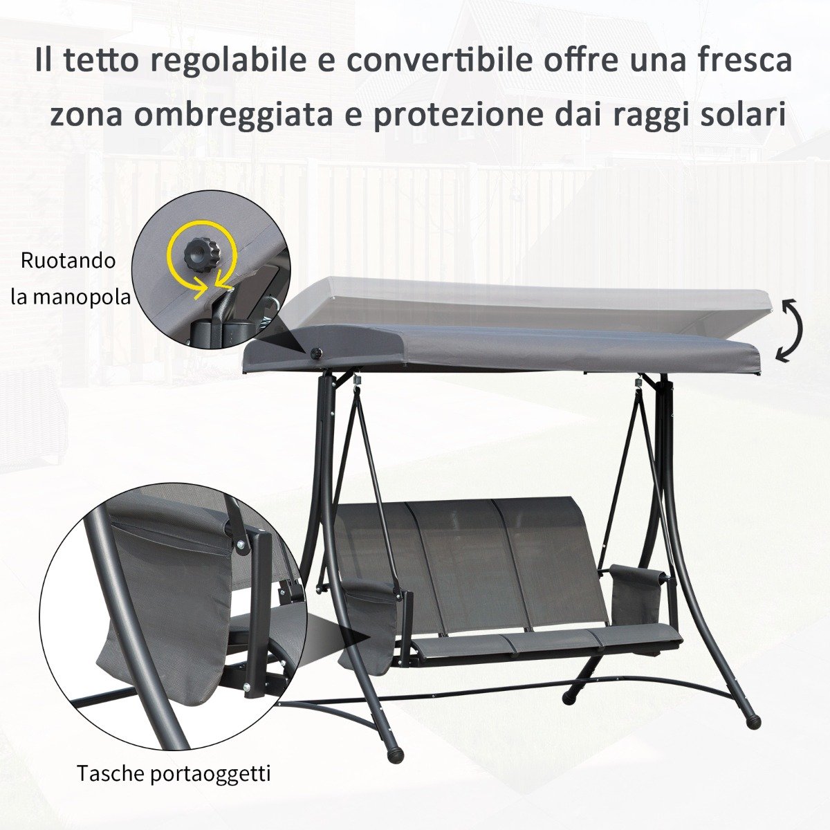 EASYCOMFORT 3-Seater Swing for the Garden or Terrace with Adjustable Canopy and Storage Pockets Dark Gray 196x128x172cm