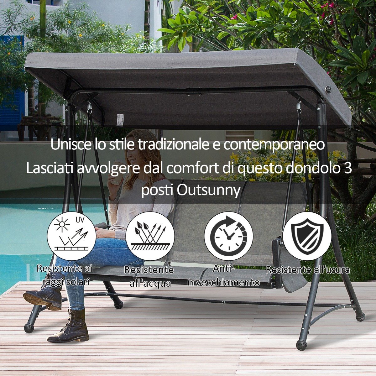 EASYCOMFORT 3-Seater Swing for the Garden or Terrace with Adjustable Canopy and Storage Pockets Dark Gray 196x128x172cm