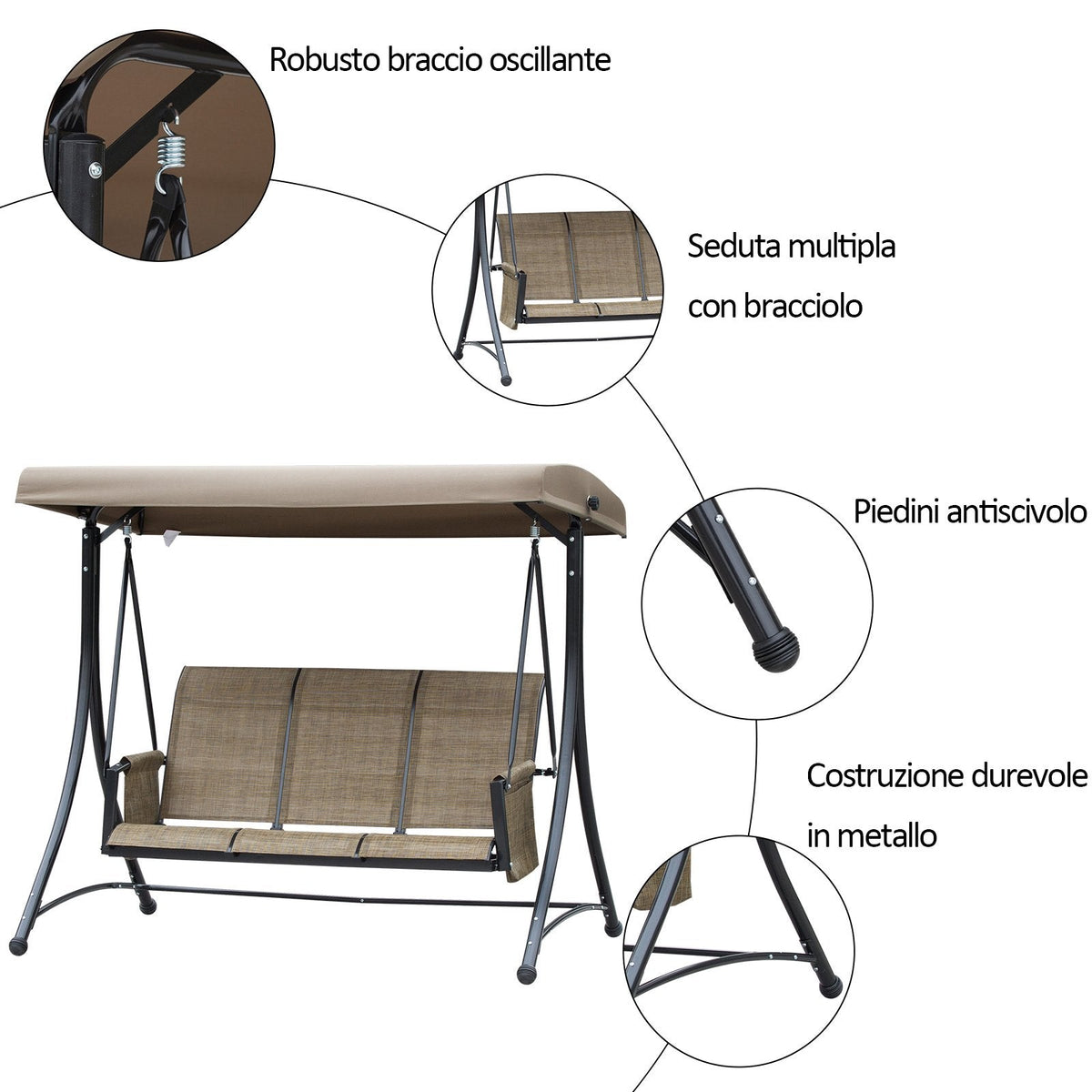 EasyComfort 3-zits tuinschommel met verstelbare kap 196x128x172 cm