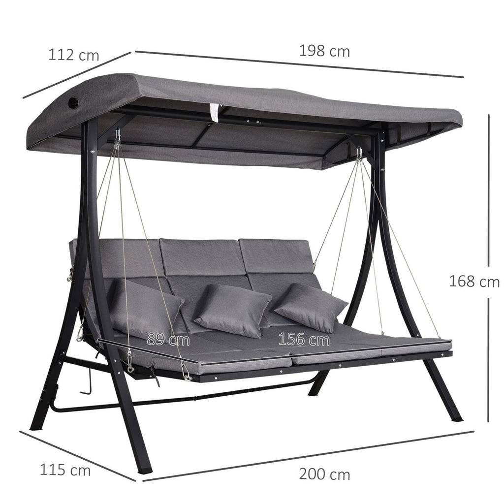 EasyComfort 3-zits tuinschommel met chaise longue, verstelbaar dak, zwart/grijs