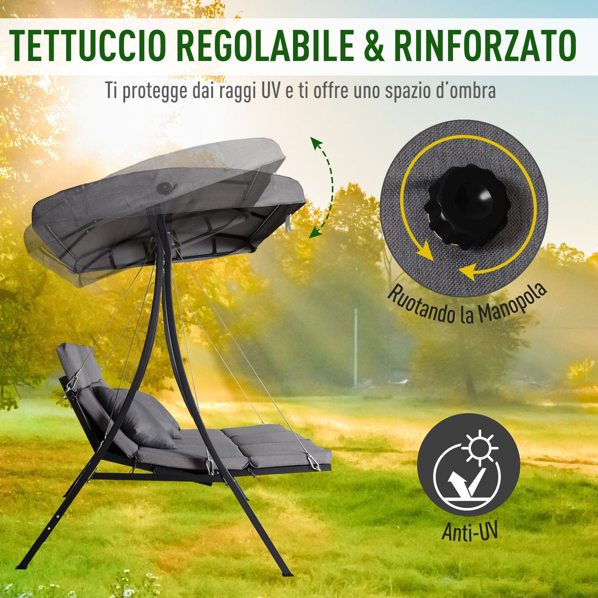 EasyComfort 3-zits tuinschommel met chaise longue, verstelbaar dak, zwart/grijs