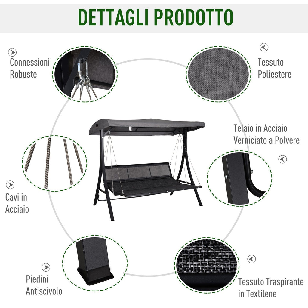 EasyComfort 3-zits tuinschommel met chaise longue, verstelbaar dak, zwart/grijs