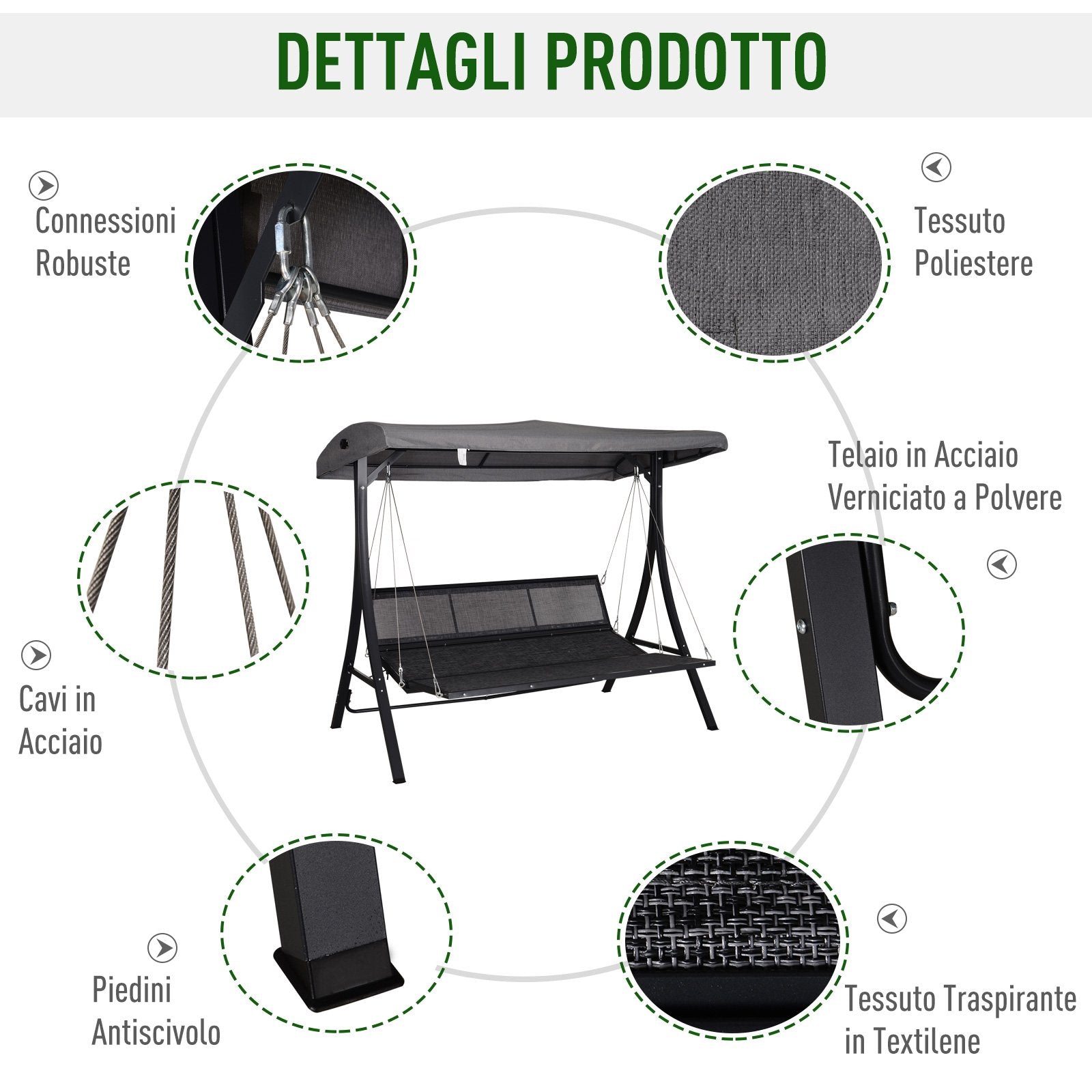 EasyComfort 3-zits tuinschommel met chaise longue, verstelbaar dak, zwart/grijs