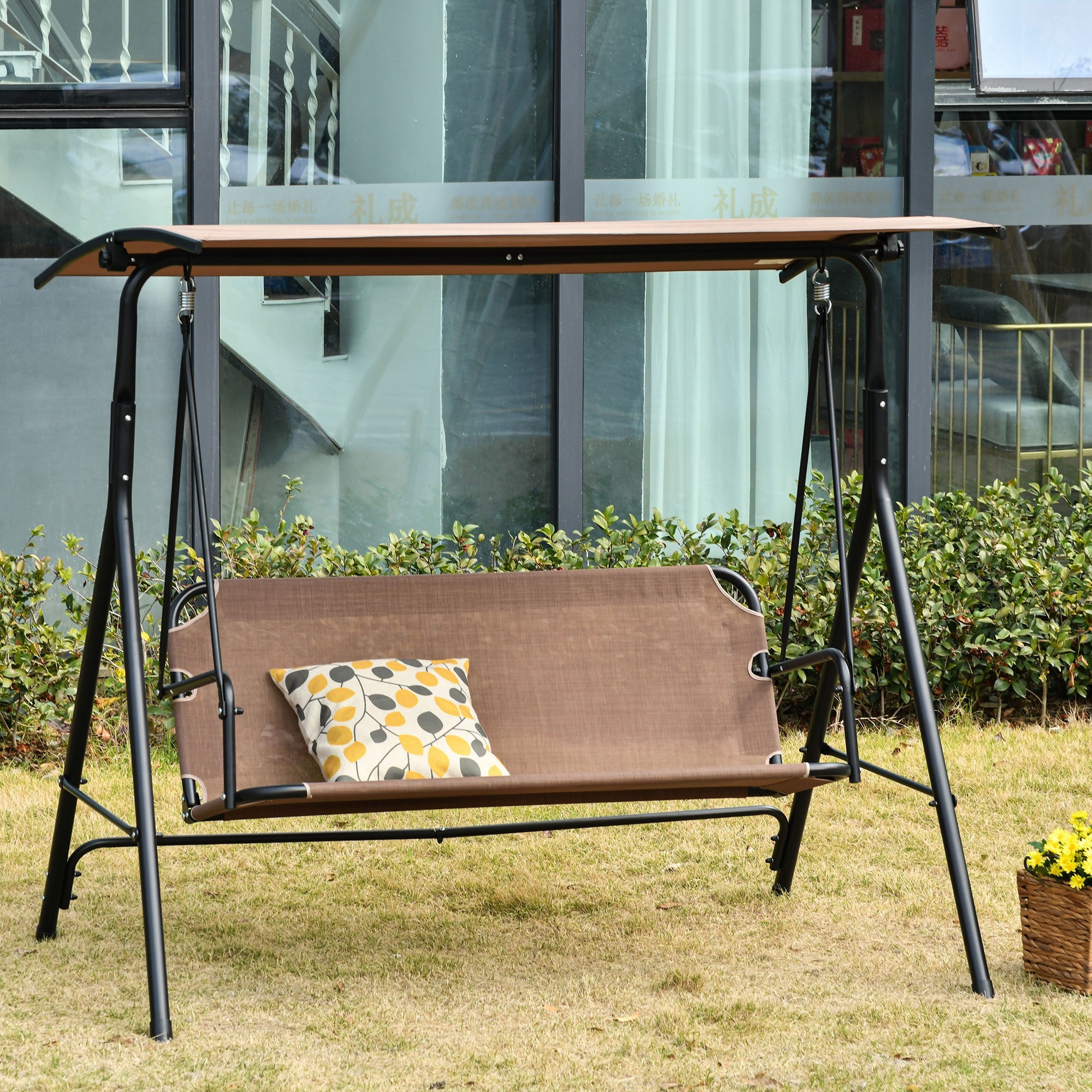 Easycomfort Dondolo da Giardino Terrazza 3 Posti with Tettuccio Regolabile in Metallo e Texteline 172x110x155cm Marrone