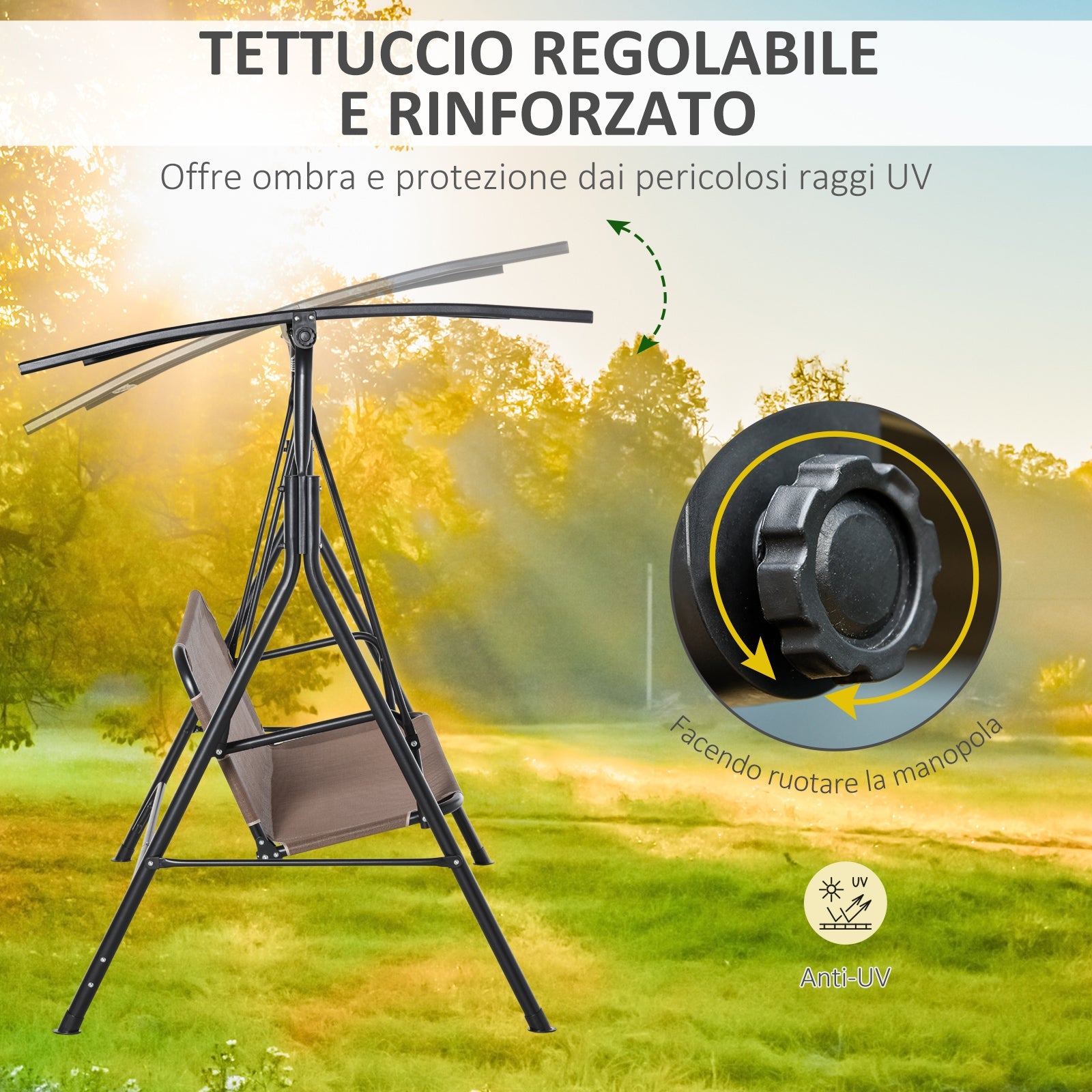 Easycomfort Dondolo da Giardino Terrazza 3 Posti with Tettuccio Regolabile in Metallo e Texteline 172x110x155cm Marrone