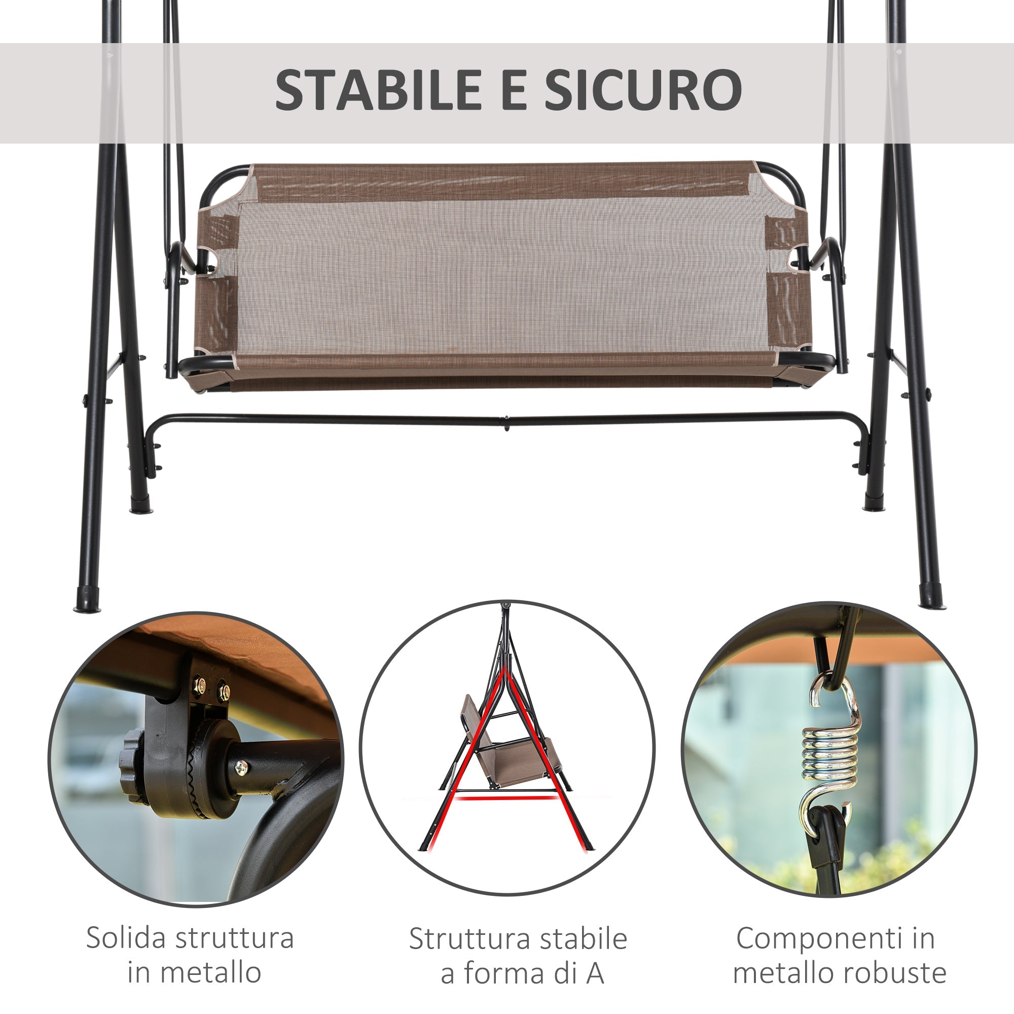 Easycomfort Dondolo da Giardino Terrazza 3 Posti with Tettuccio Regolabile in Metallo e Texteline 172x110x155cm Marrone
