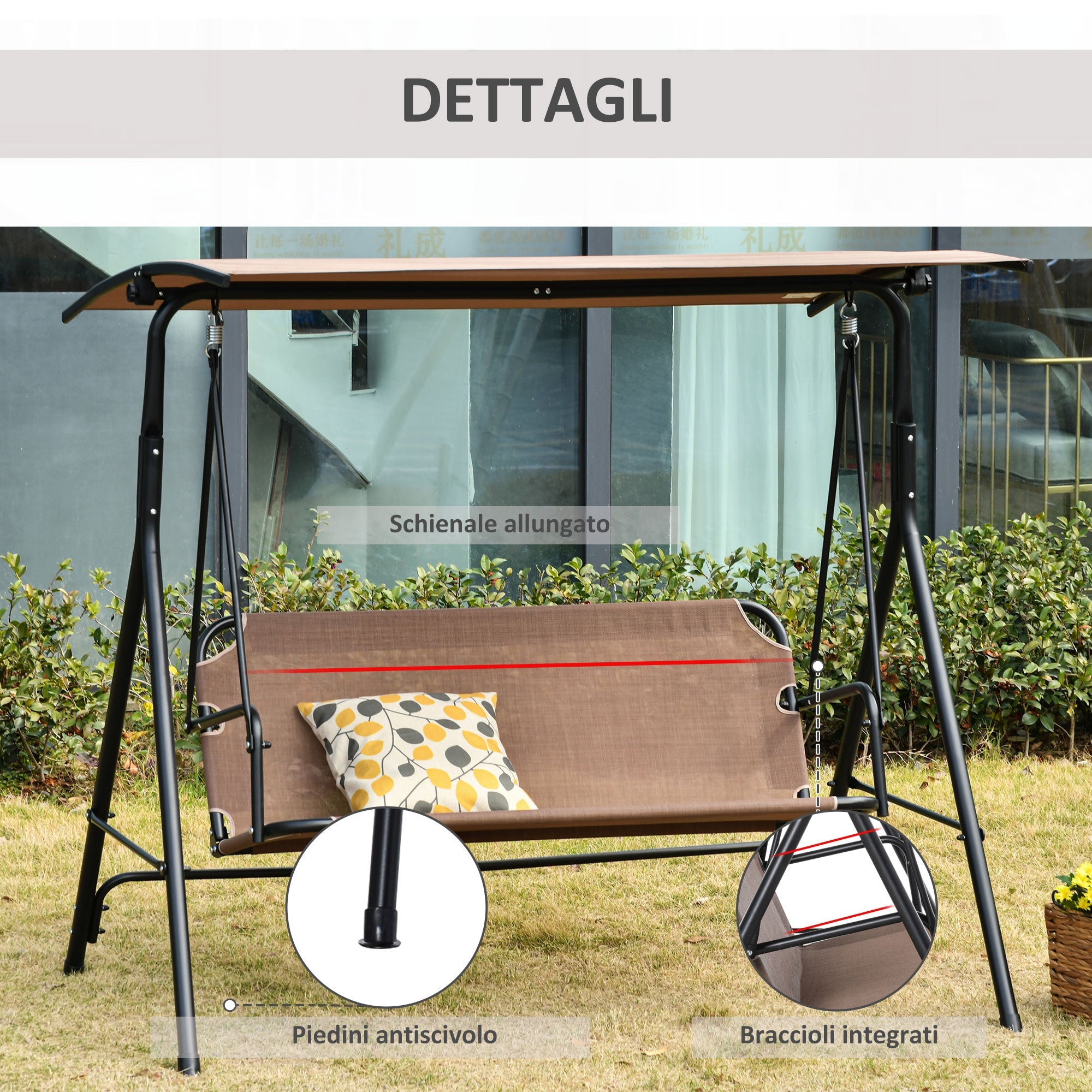 Easycomfort Dondolo da Giardino Terrazza 3 Posti with Tettuccio Regolabile in Metallo e Texteline 172x110x155cm Marrone