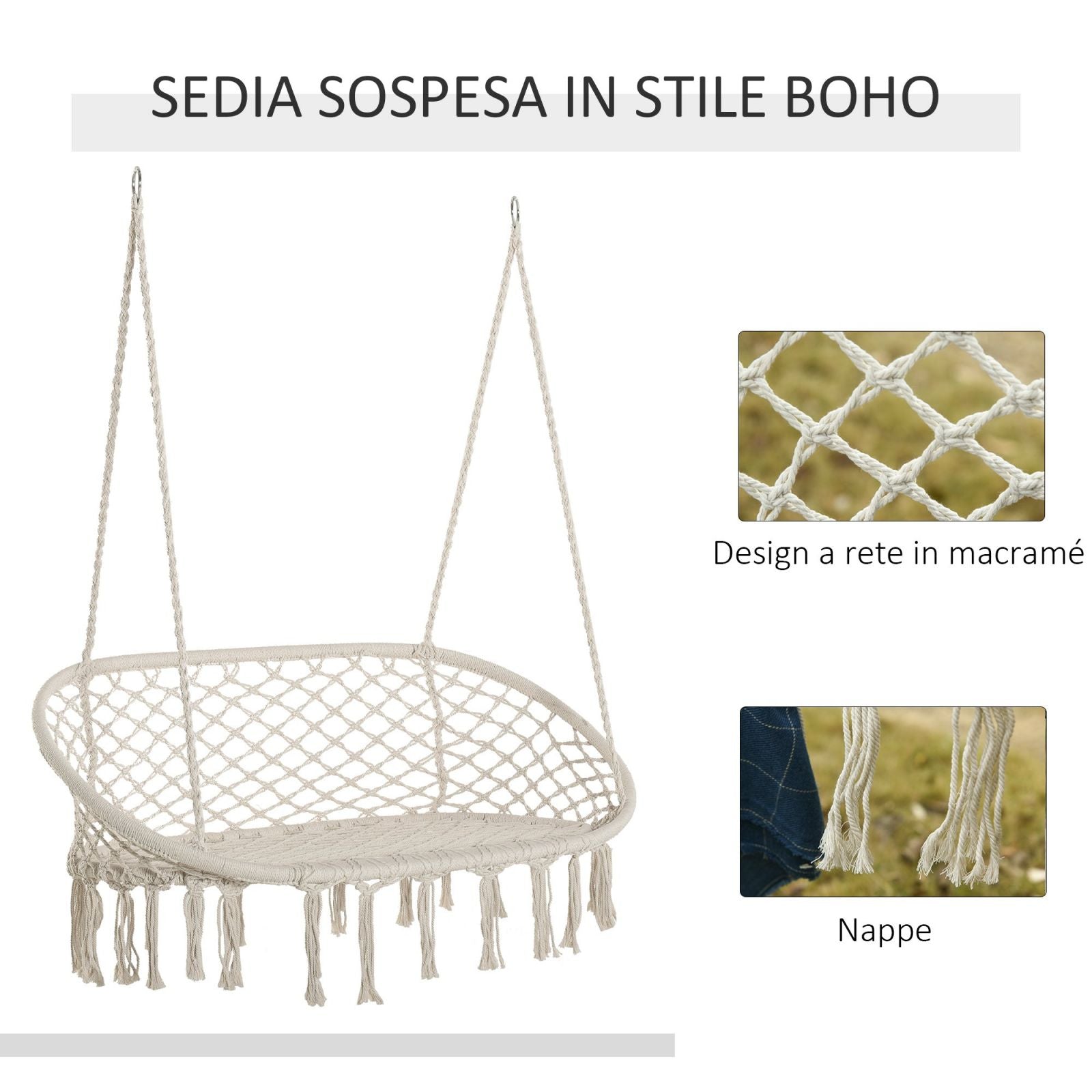 EASYCOMFORT 2-Seater Rocking Hammock for Garden and Home, Metal Frame and Cotton Seat 130x75x40cm, Cream White