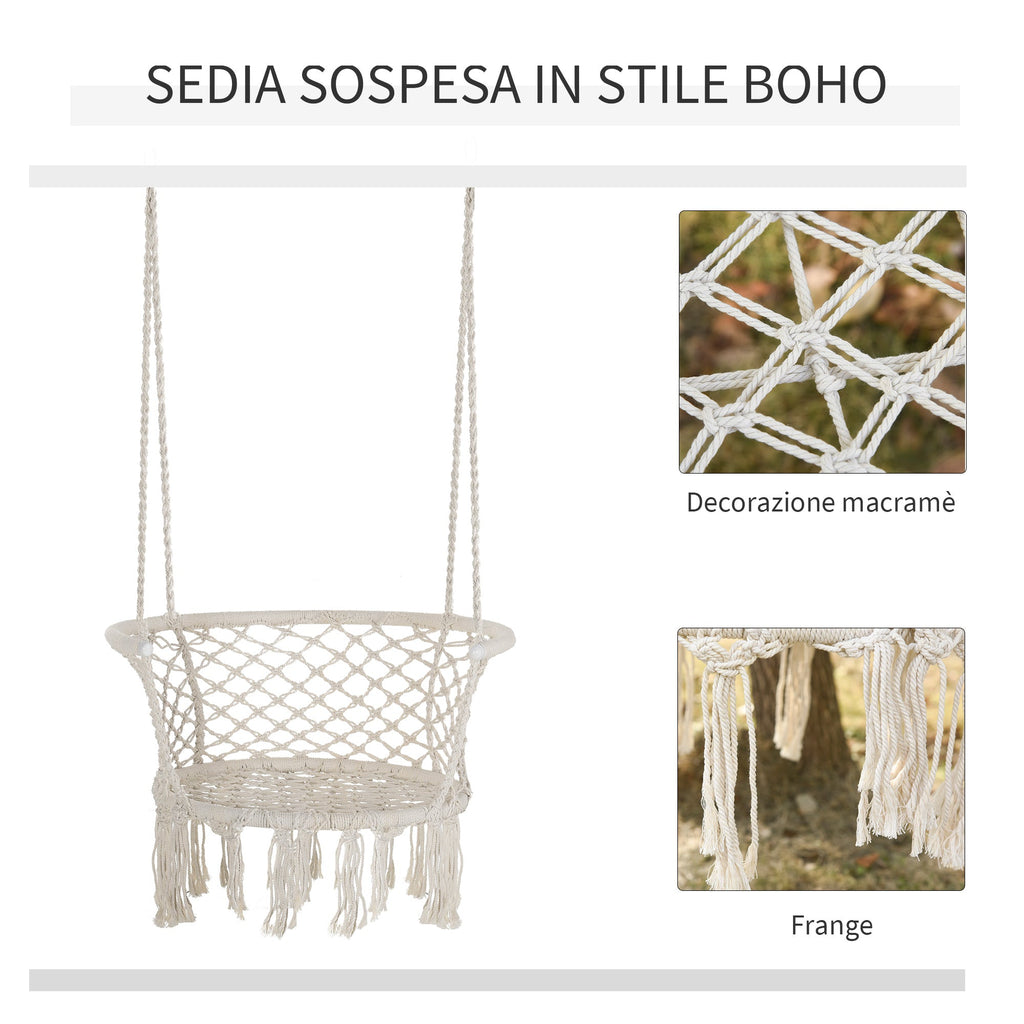 EASYCOMFORT Hanging Chair in Polyester and Macramé for Indoors and Outdoors Cream