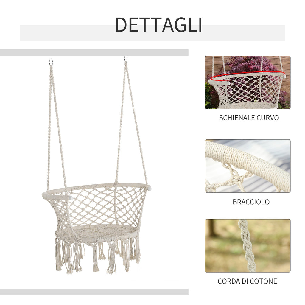 EASYCOMFORT Hanging Chair in Polyester and Macramé for Indoors and Outdoors Cream