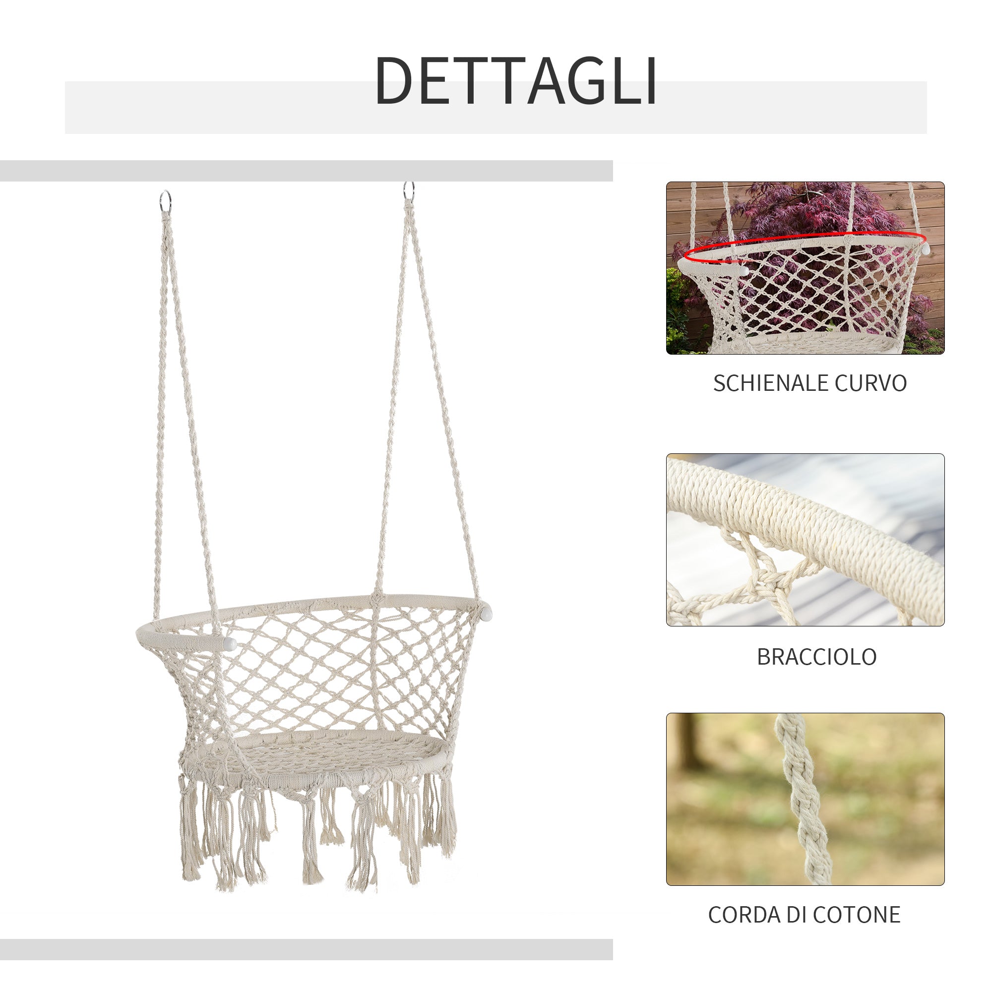 EASYCOMFORT Hanging Chair in Polyester and Macramé for Indoors and Outdoors Cream
