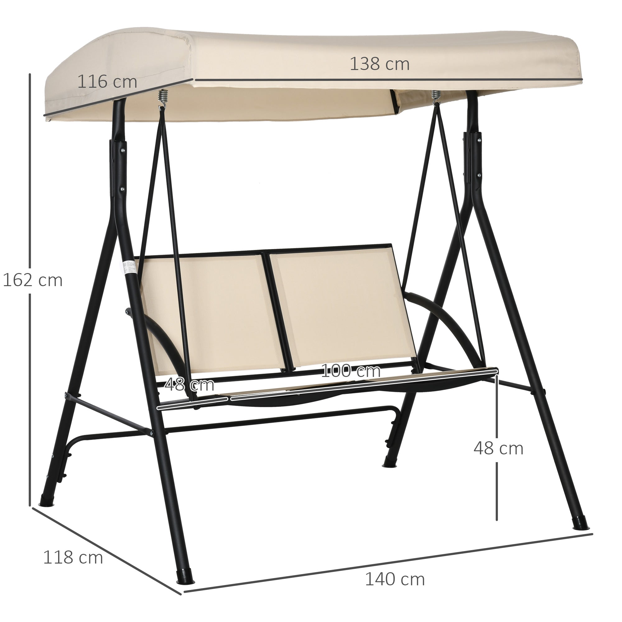 EASYCOMFORT 2-Seater Garden Swing with Adjustable Canopy, 140x118x162cm Beige