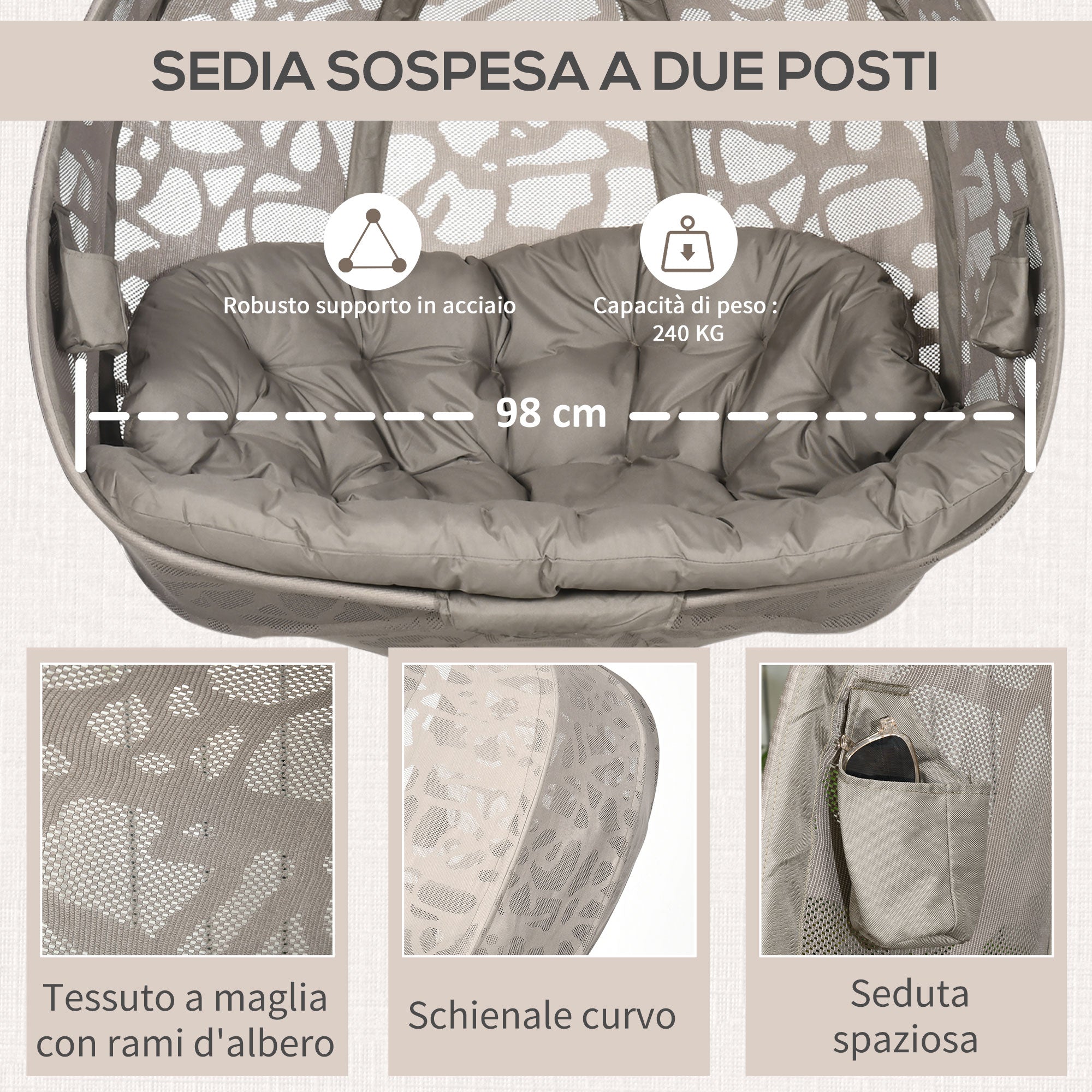 Easycomfort Poltrona Sospesa 2 Posti with 2 Tasche, 2 Cuscini e Cesto Pieghevole, 130x103x172 cm