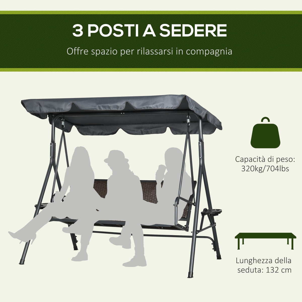 EasyComfort 3-zits tuinschommel PE-rattan en staal 204x112x150 cm