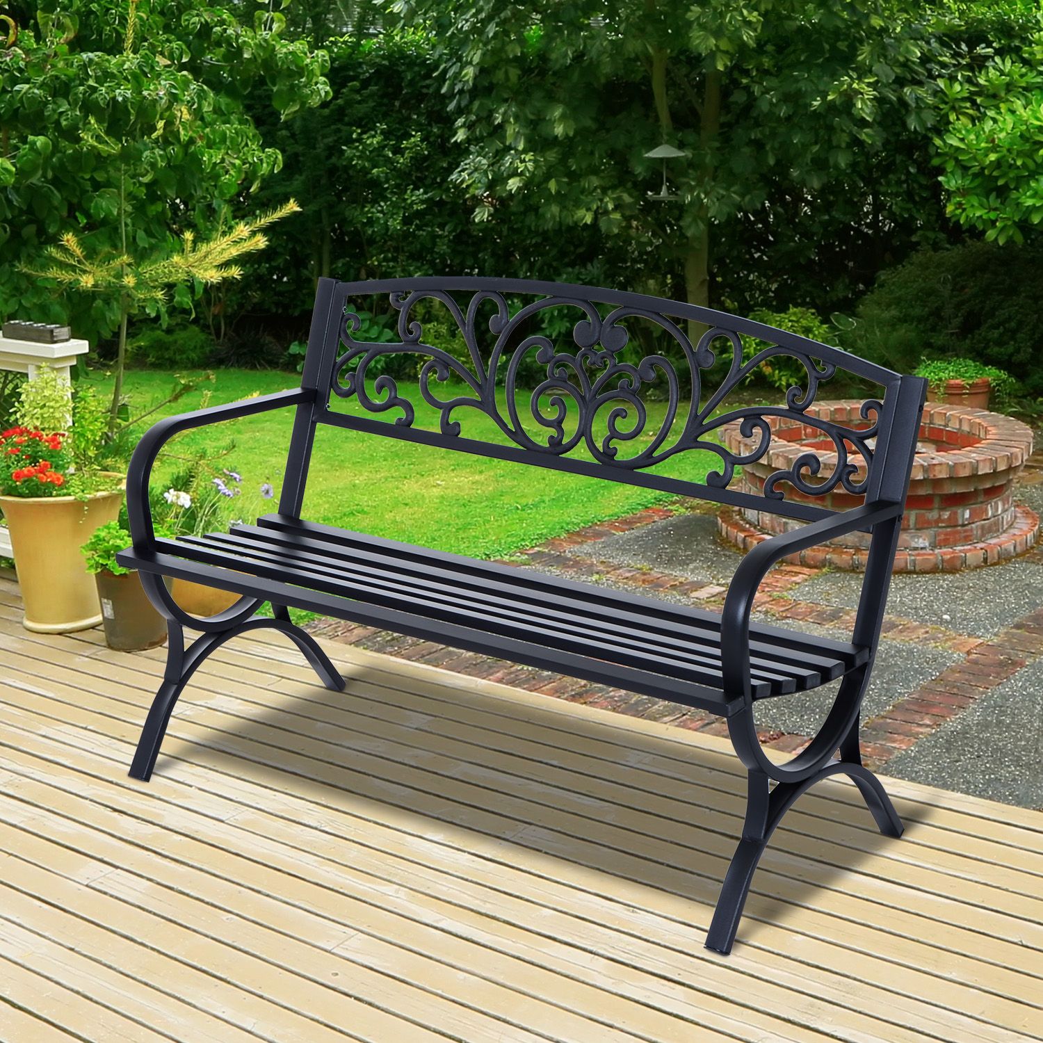 EASYCOMFORT Outdoor Garden Bench Steel Bench 2-Seater Metal Garden Bench - Black