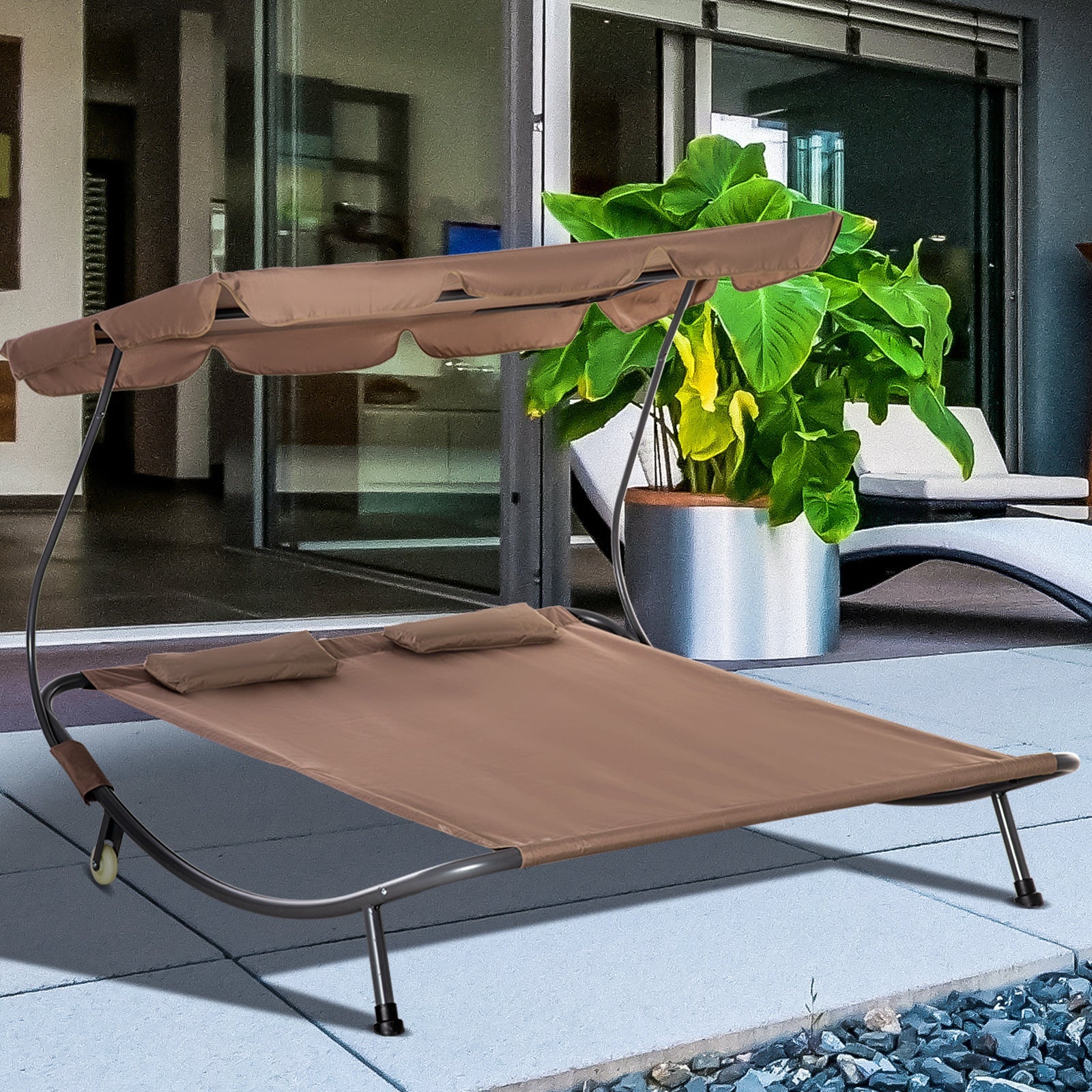 Easycomfort Lettino Matrimoniale 2 Posti Parasole Regolabile da Esterno e Giardino 200x175 x134cm Marrone