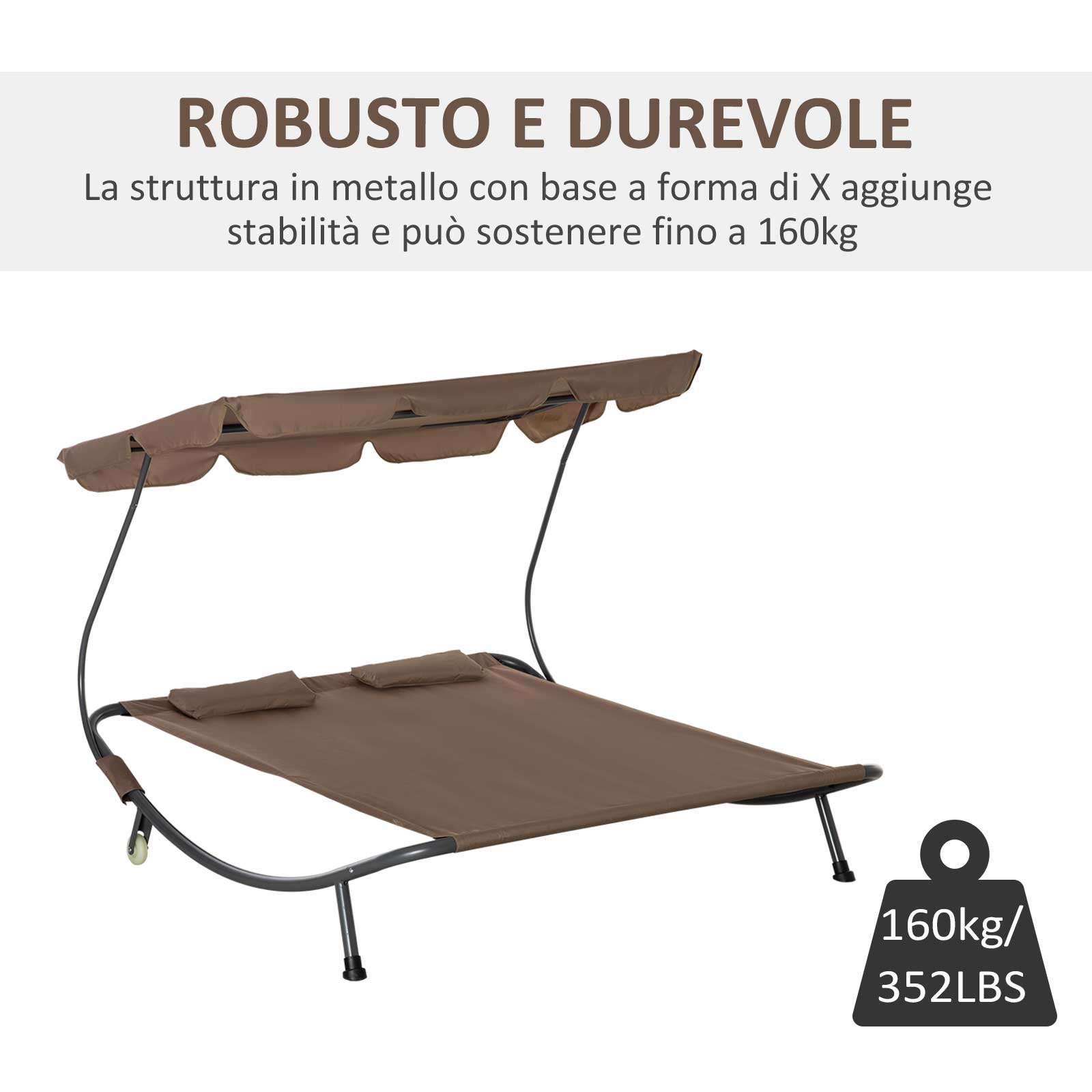 Easycomfort Lettino Matrimoniale 2 Posti Parasole Regolabile da Esterno e Giardino 200x175 x134cm Marrone