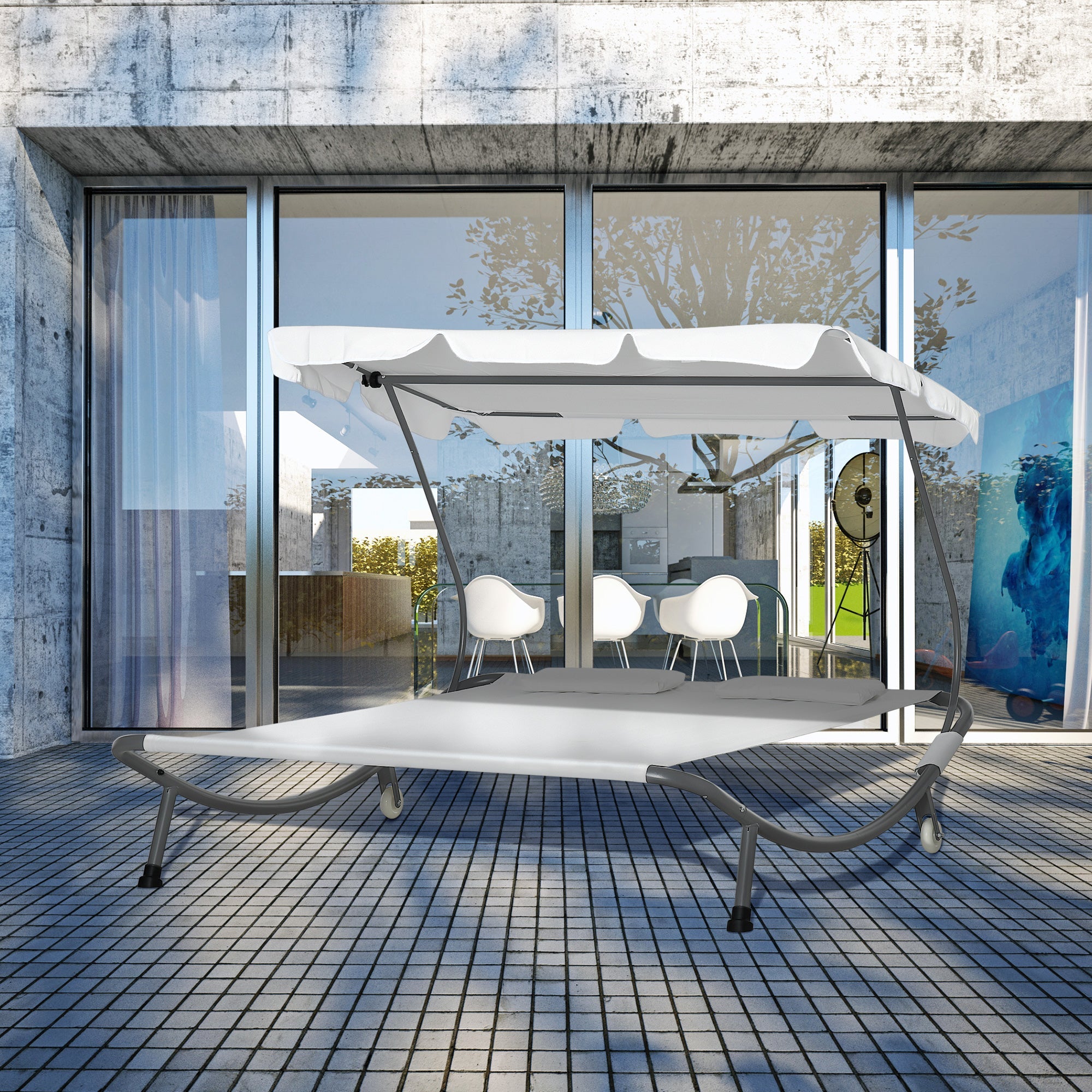 EASYCOMFORT Double Sunbed 2 Places Adjustable Parasol for Outdoor and Garden 200x170 x134cm Cream